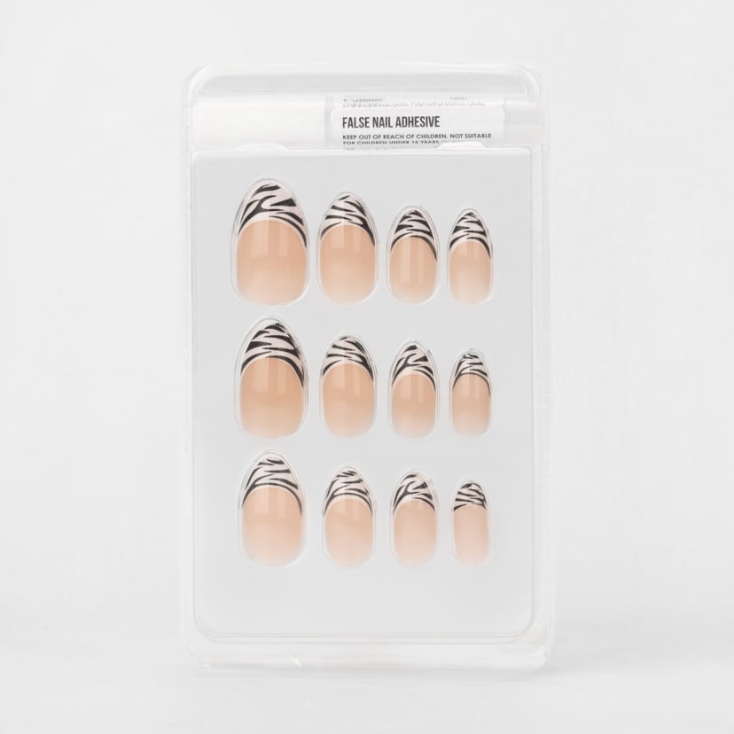 OXX Cosmetics 24 Pack False Nails with Adhesive Almond Shape, Zebra