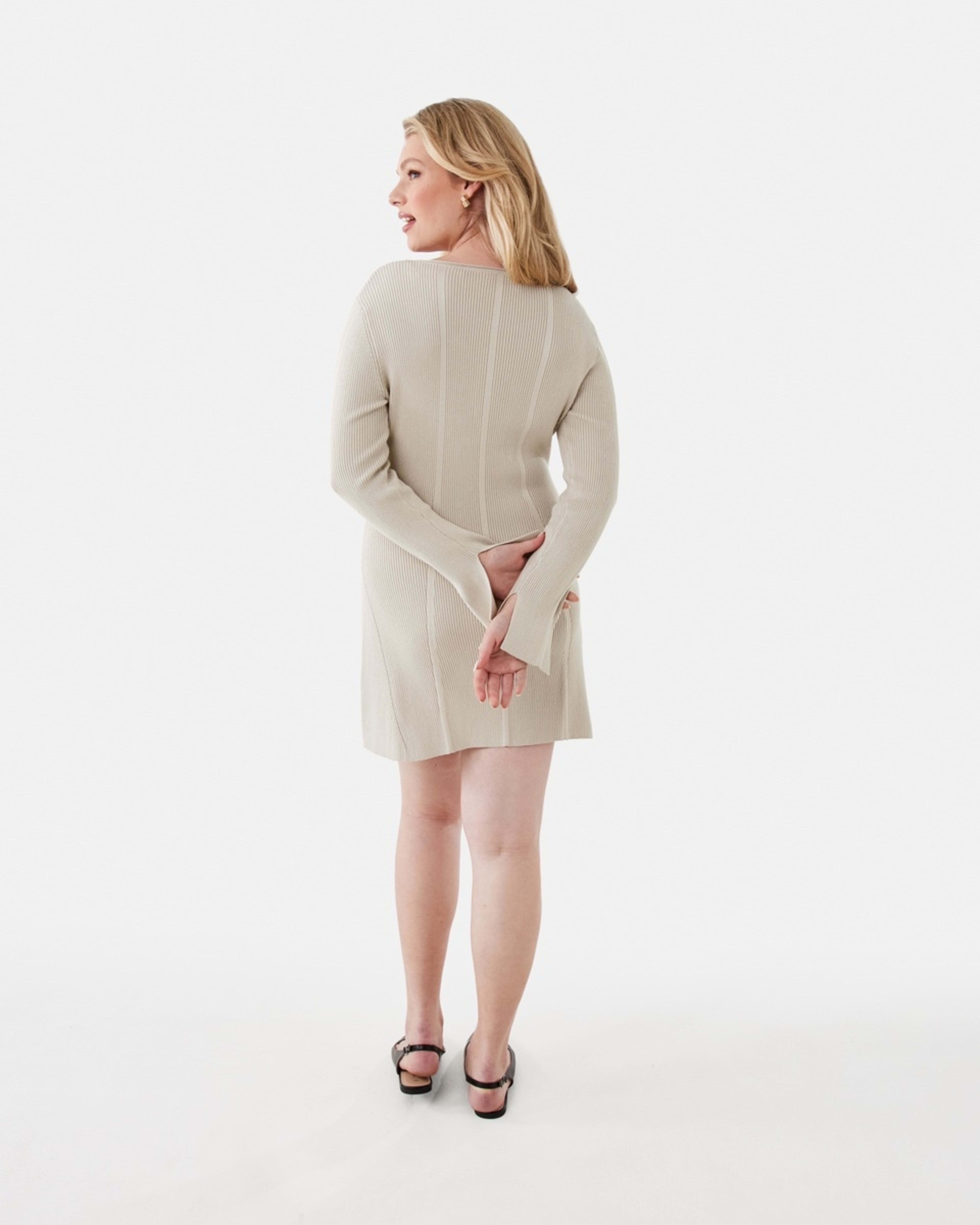 4 Long Sleeve Scoop Knit Skater Mini Dress Bone Beige, 4 of 10