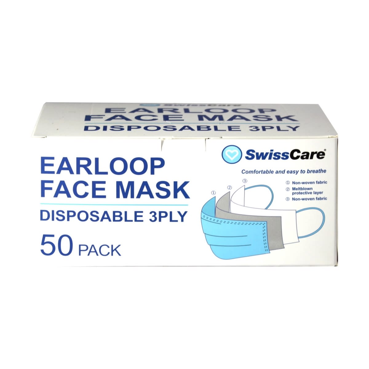 50 Pack SwissCare Disposable 3 Ply Earloop Face Masks Kmart