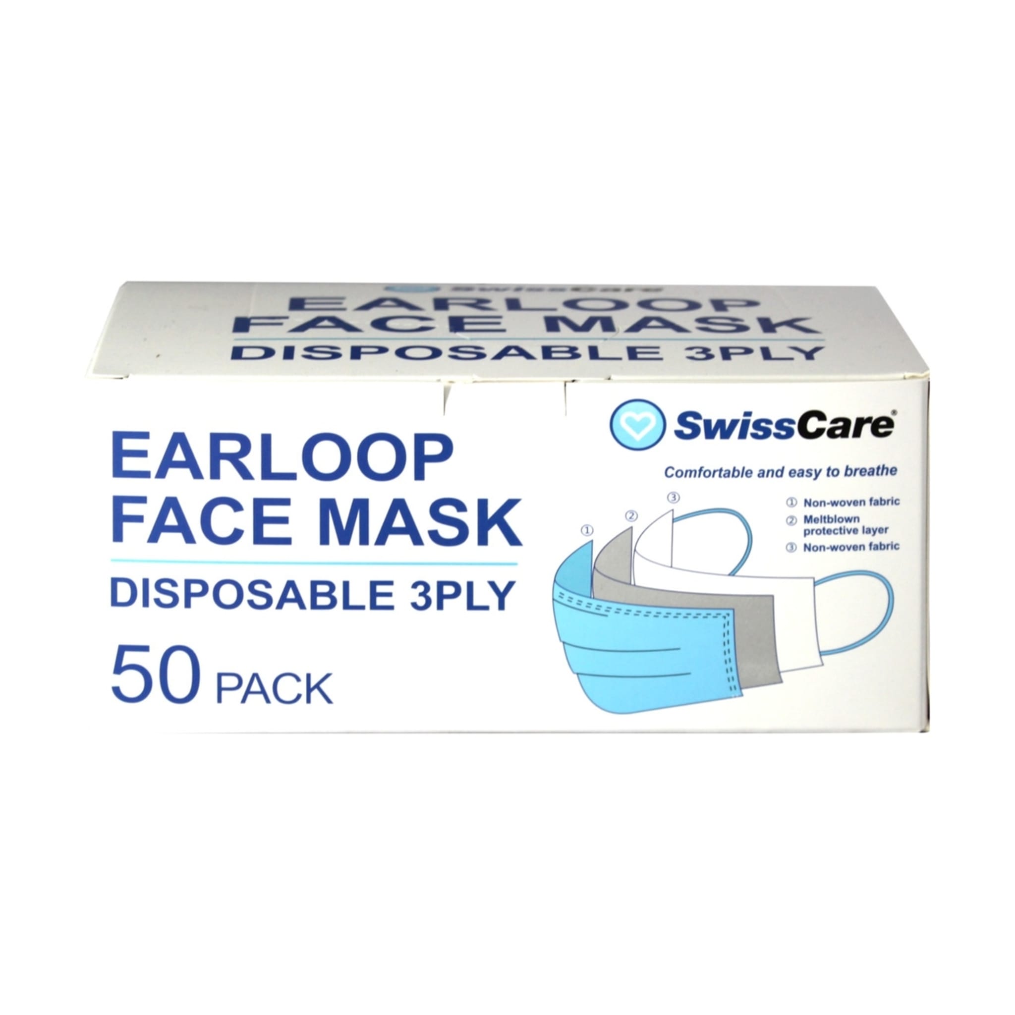 50 Pack SwissCare Disposable 3 Ply Earloop Face Masks Kmart