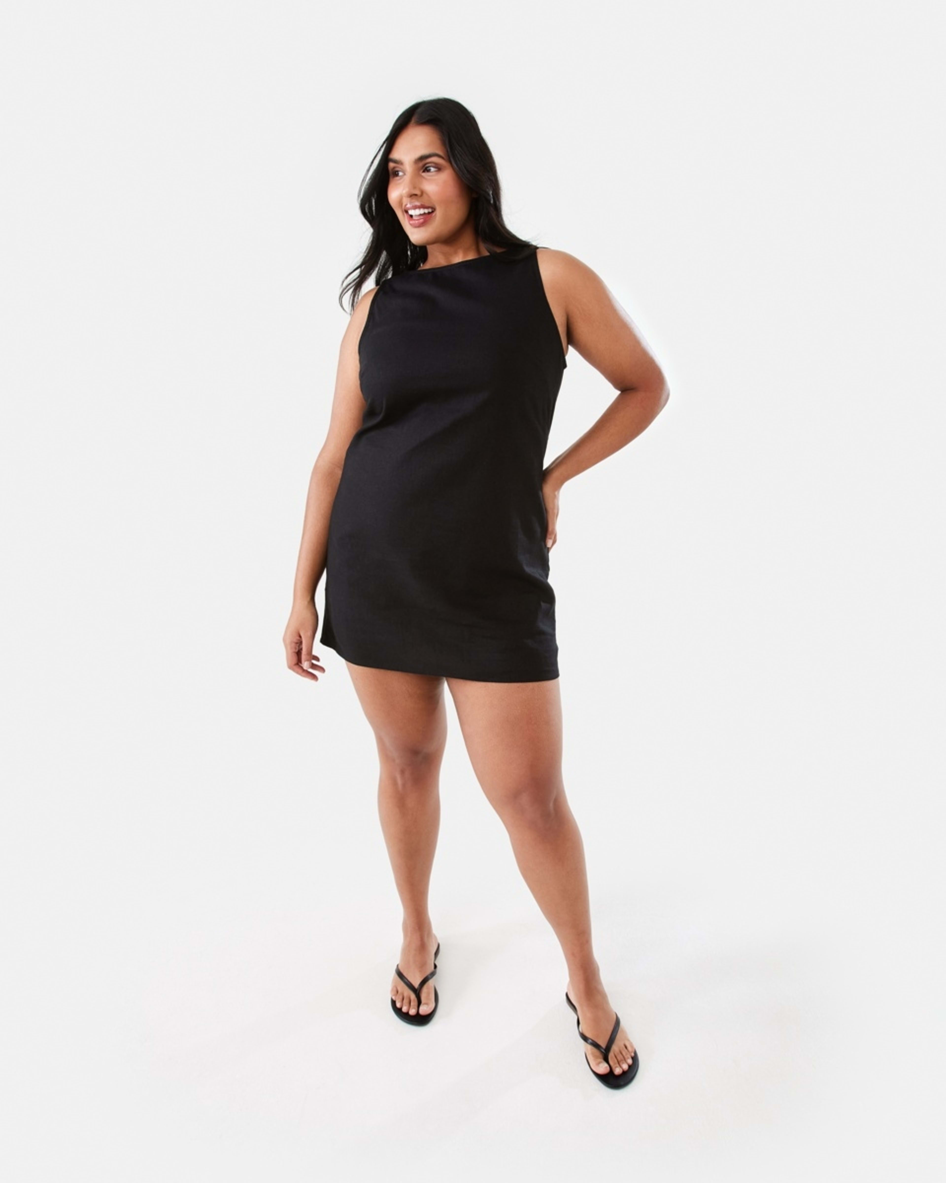 4 Sleeveless Boat Neck Linen Blend Mini Dress Black, 4 of 10