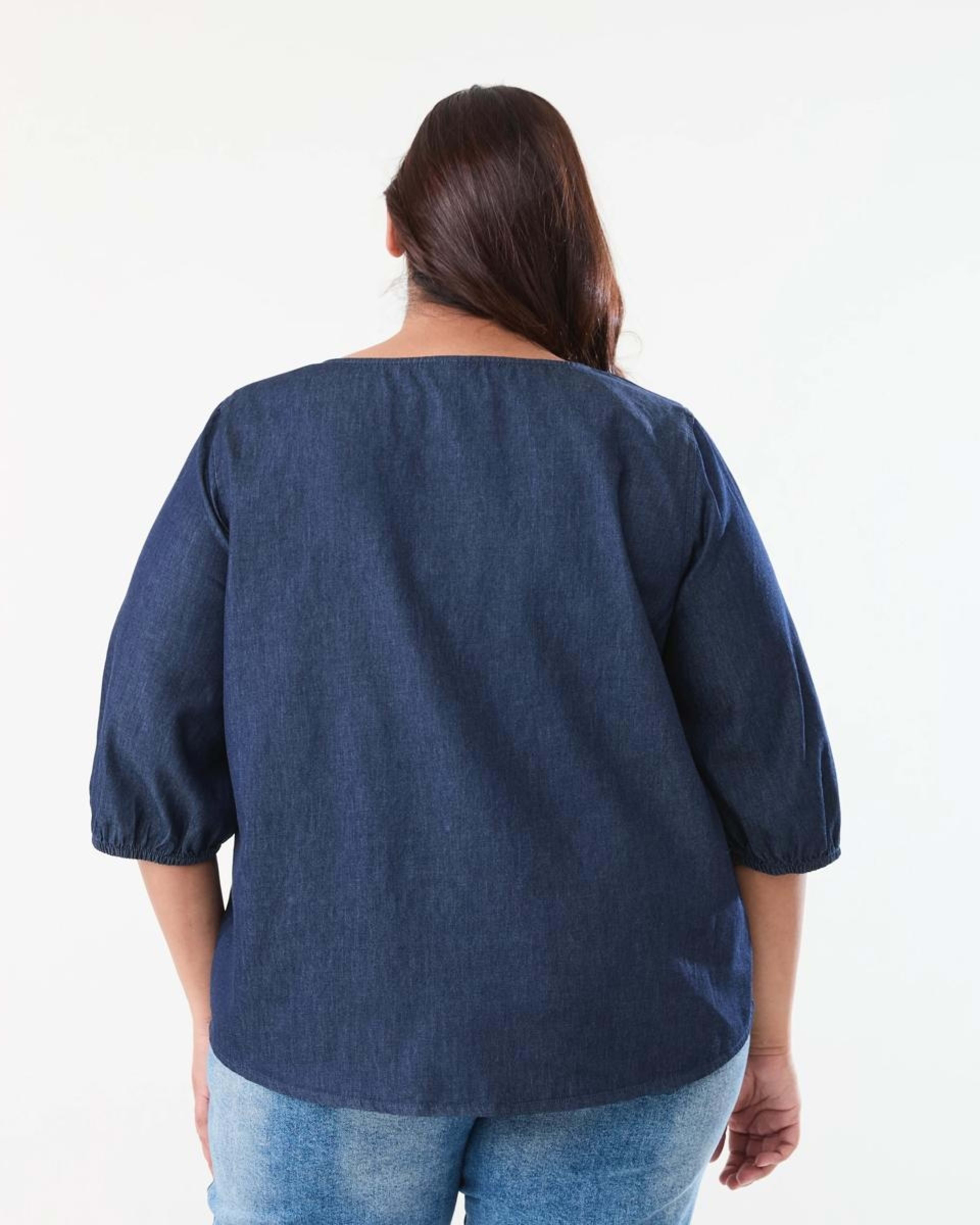 3 Curve Long Sleeve Shirred Shoulder Top DARK DENIM WASH, 3 of 6