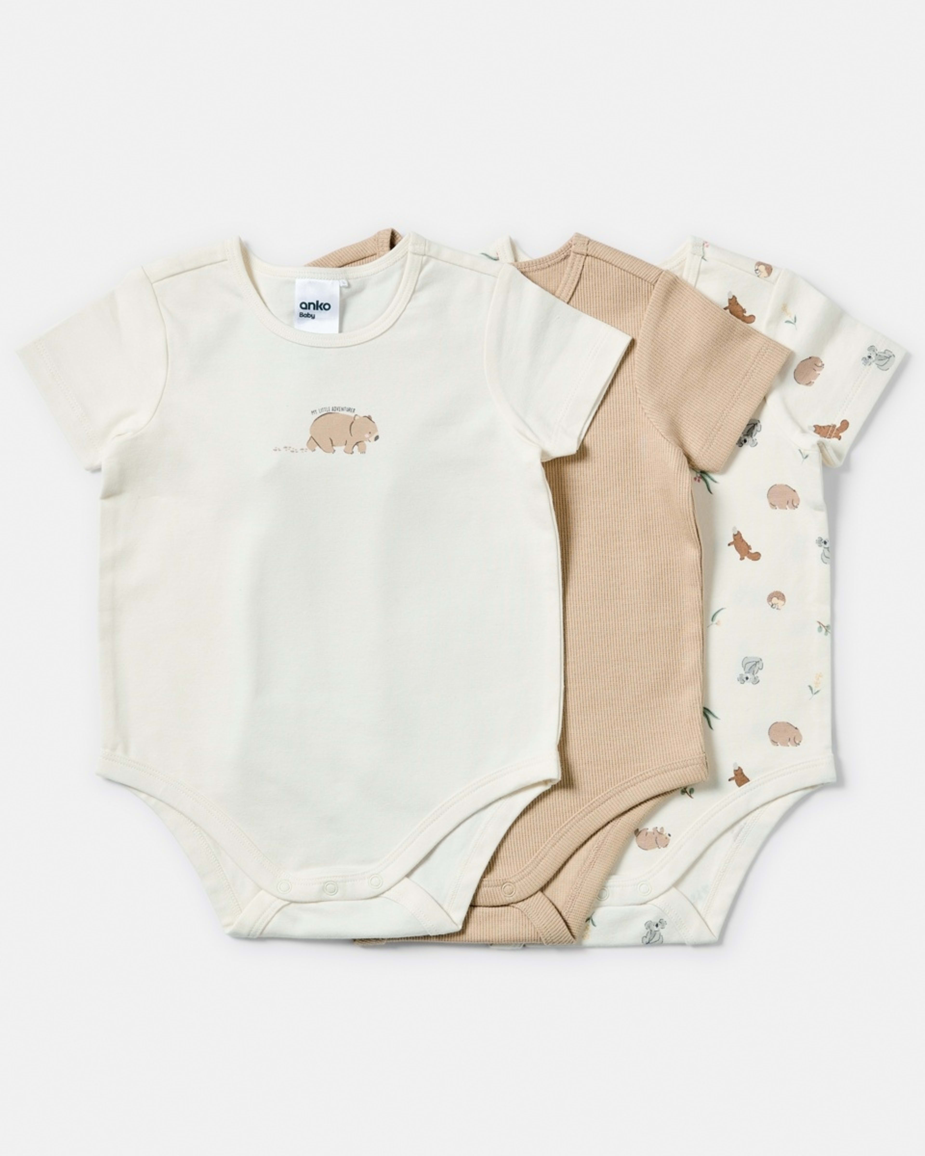 1 3 Pack Short Sleeve Print Bodysuits TAN WOMBAT