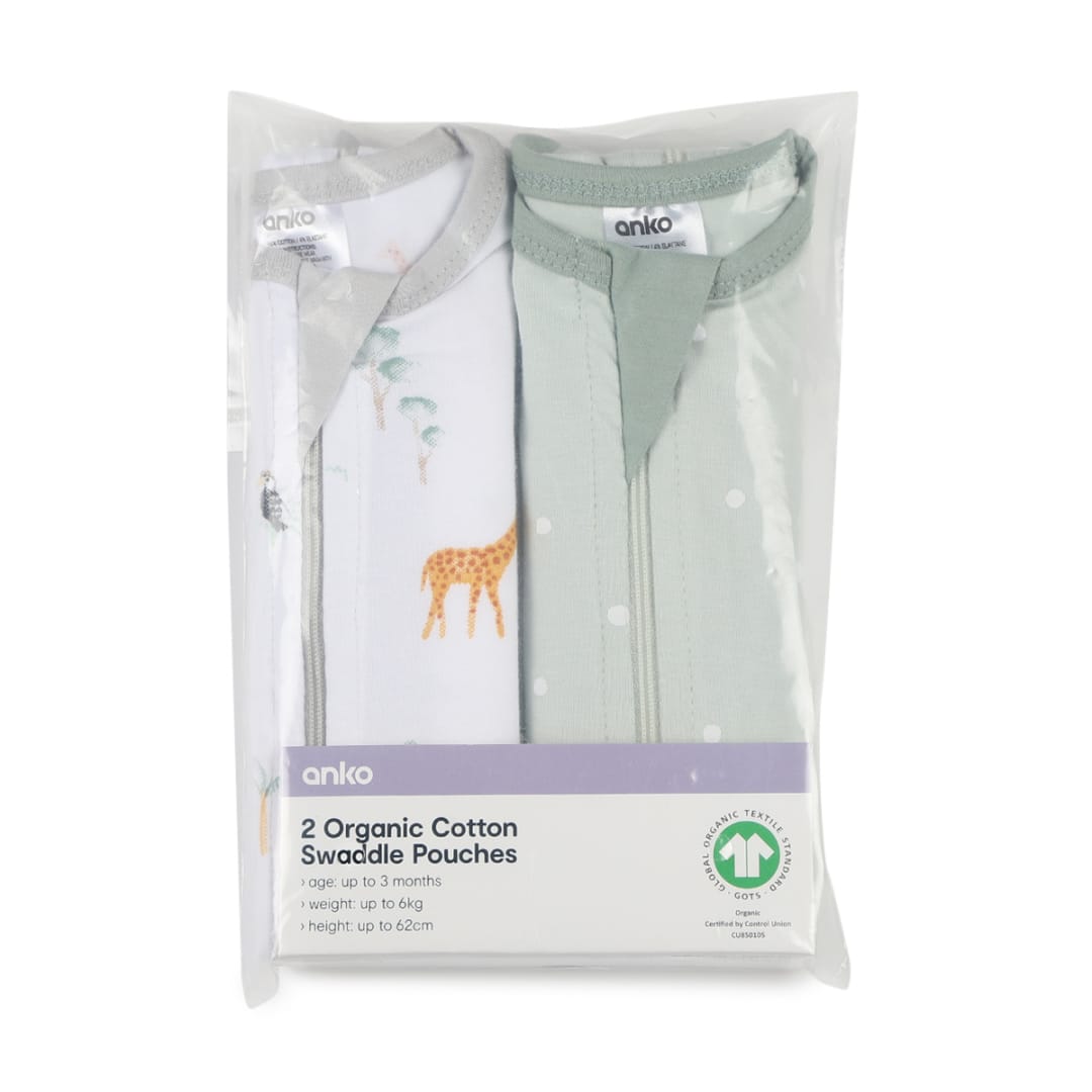 2 Pack Organic Cotton Swaddle Pouches Safari Kmart