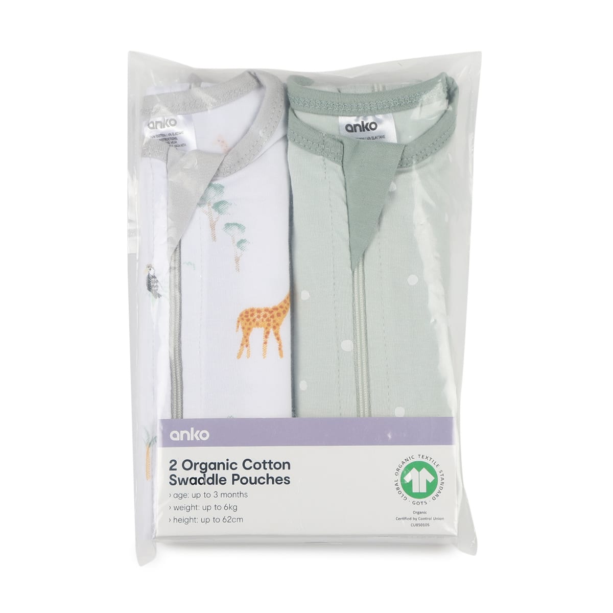 2 Pack Organic Cotton Swaddle Pouches Safari Kmart