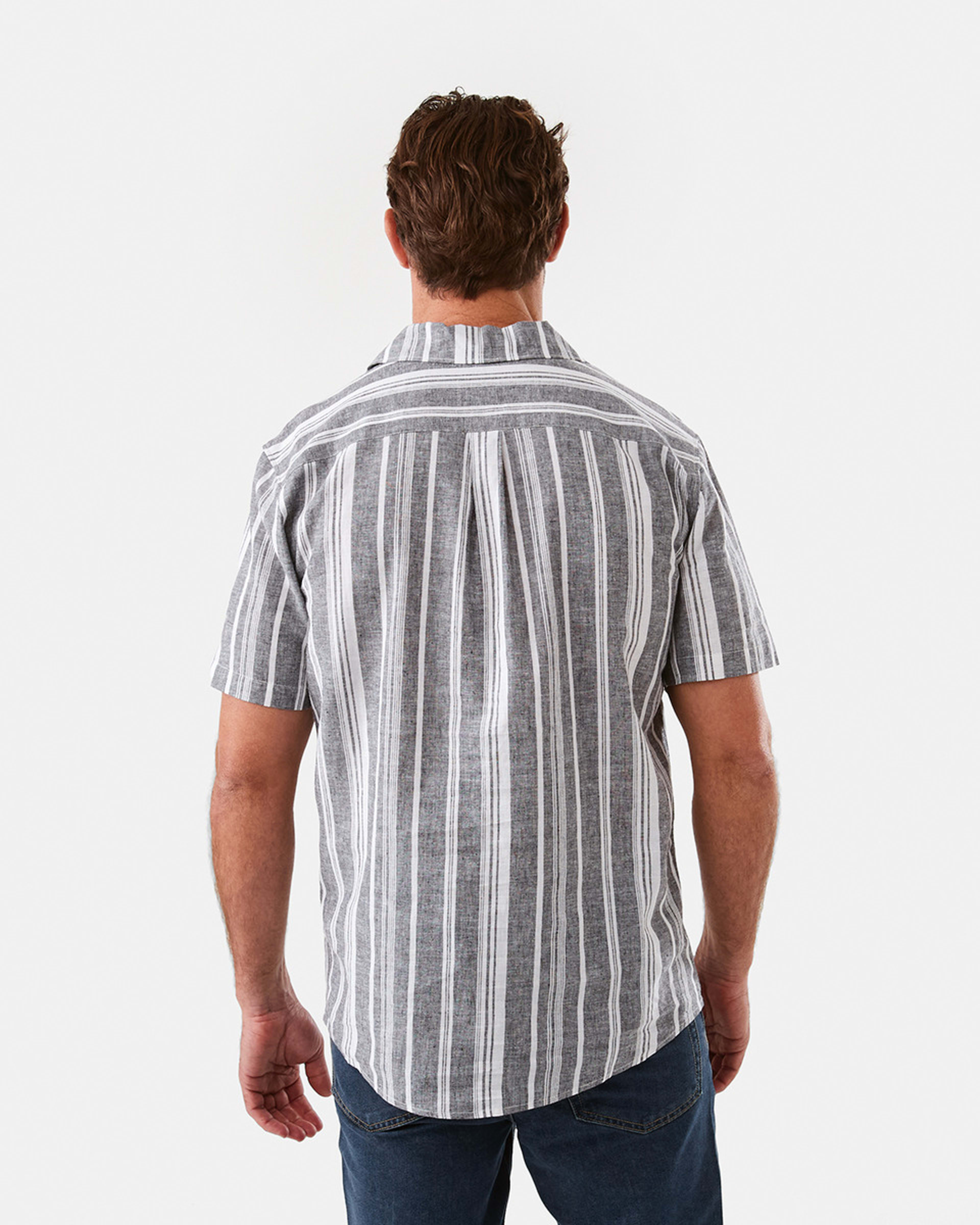 3 Short Sleeve Striped Linen Blend Shirt Blk Stripe, 3 of 6
