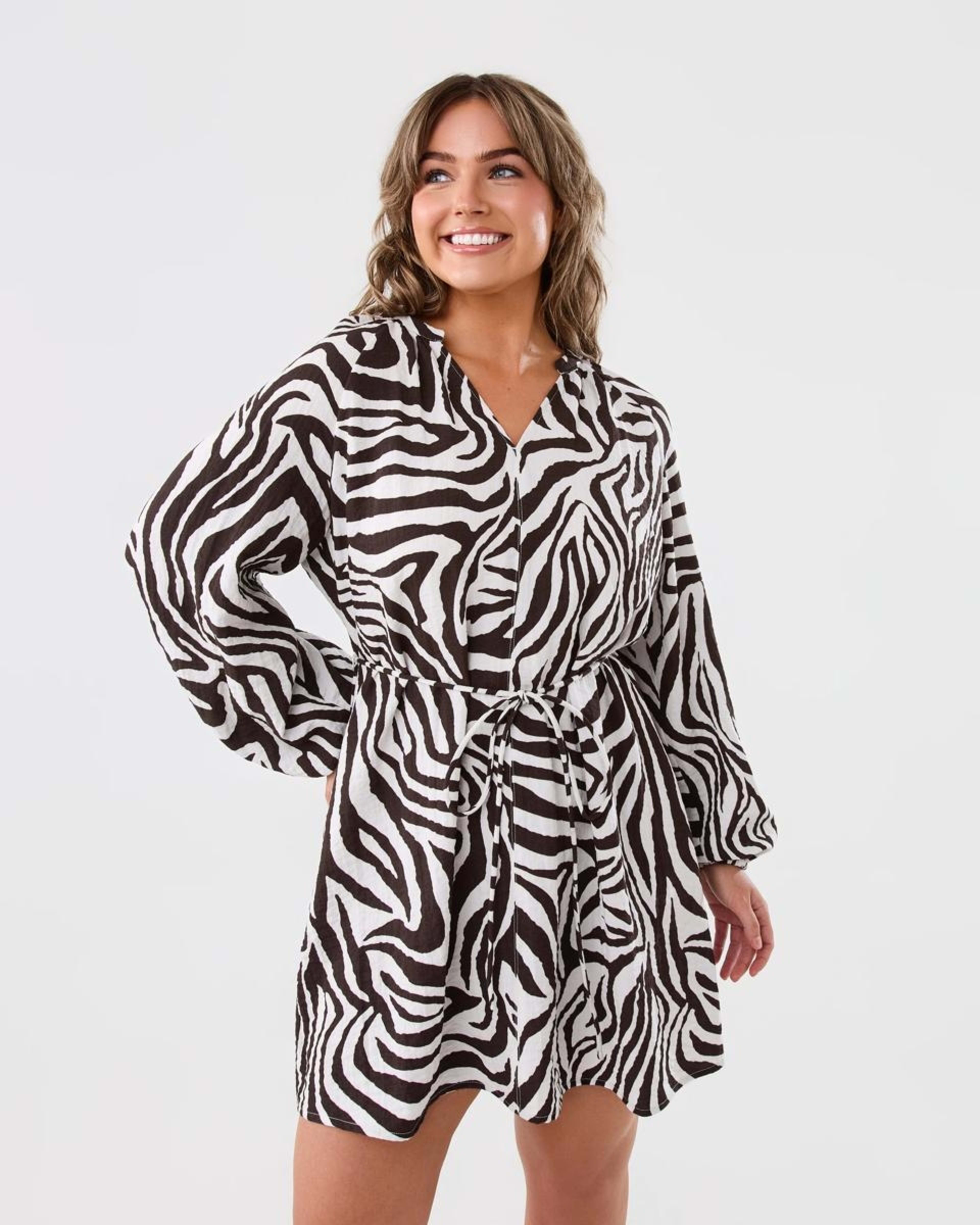1 Long Sleeve Textured Tie Mini Dress Zebra, 1 of 8