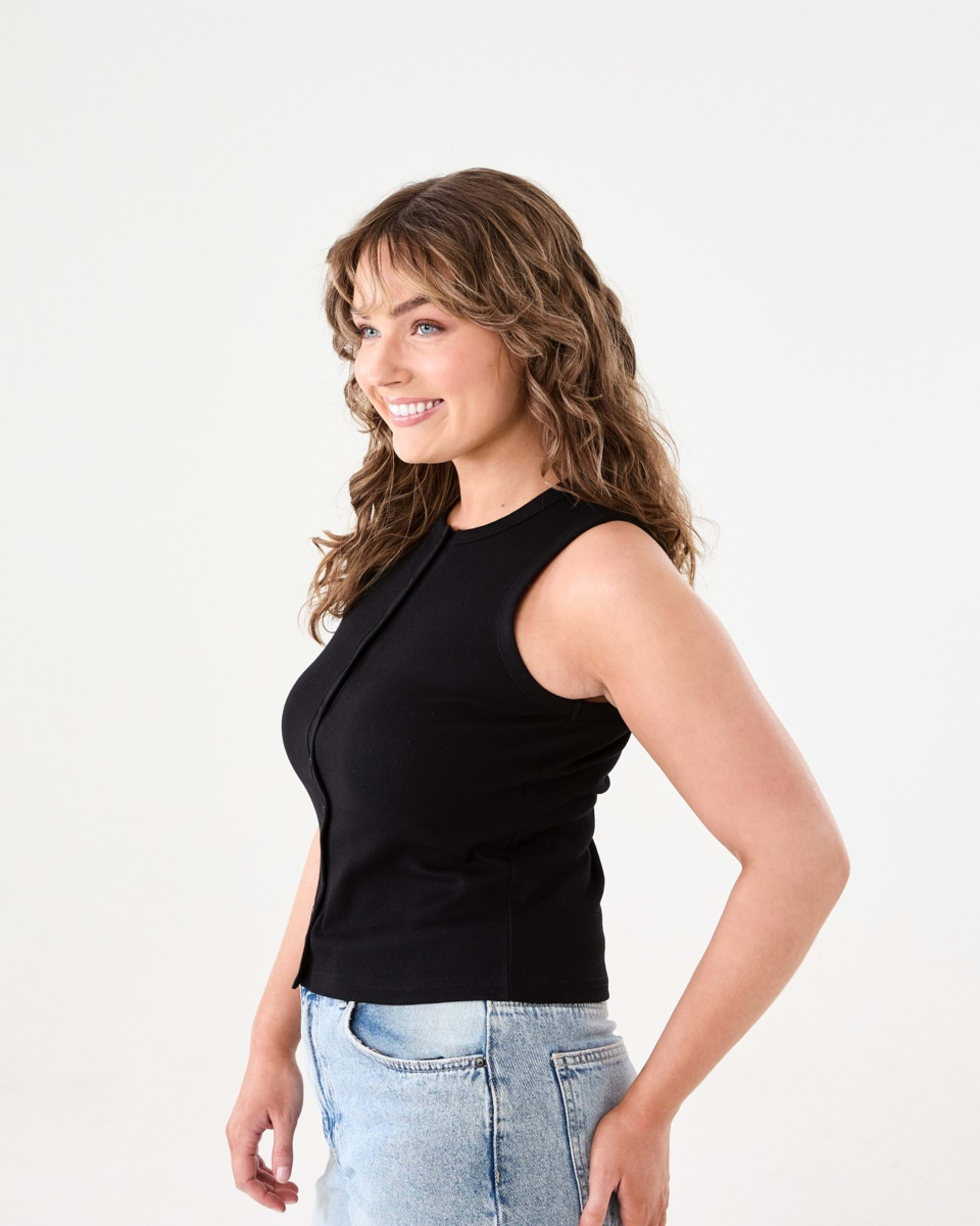 2 Sleeveless Rib Button Tank BLACK, 2 of 5
