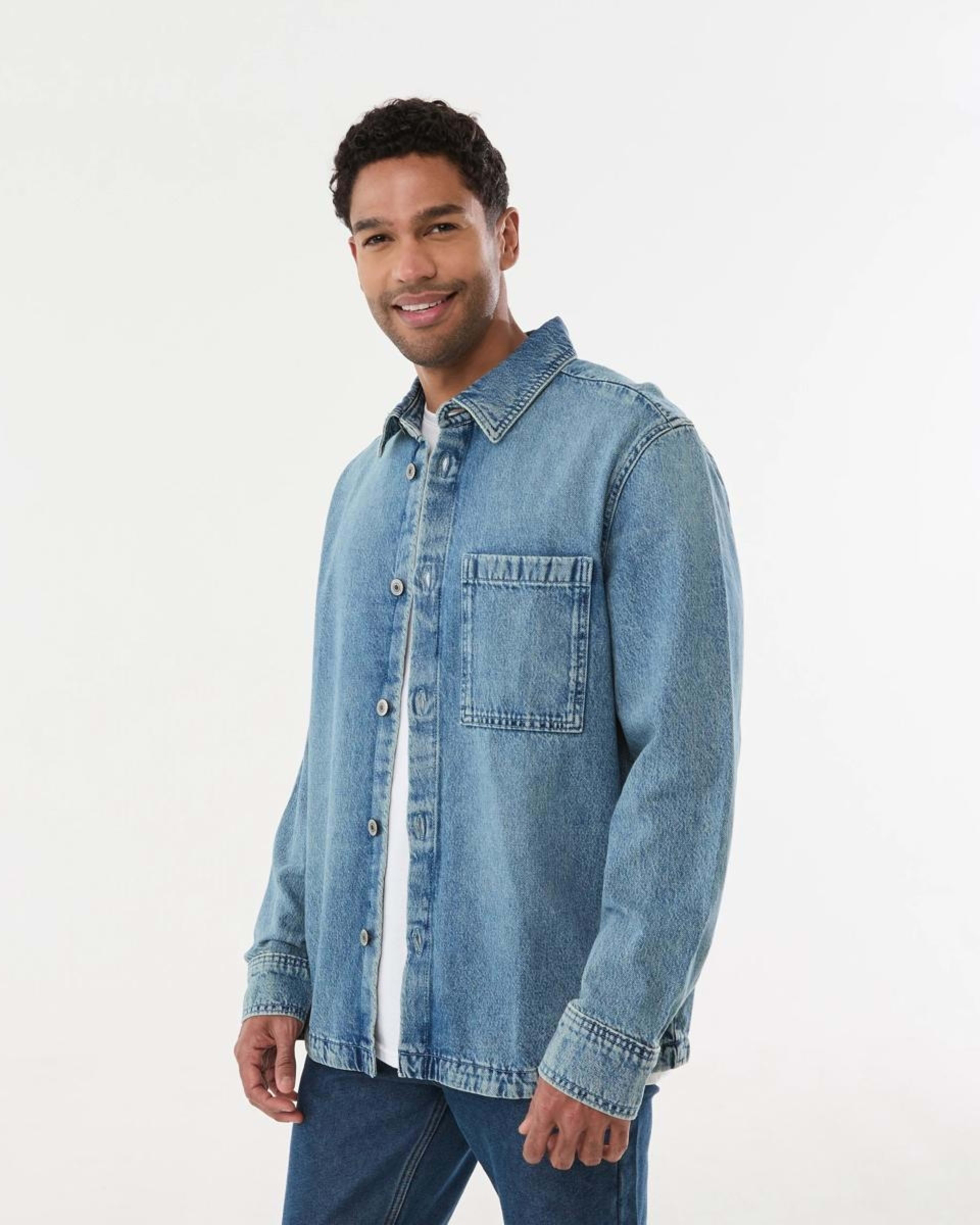 3 Long Sleeve Denim Overshirt MID DENIM WASH, 3 of 6
