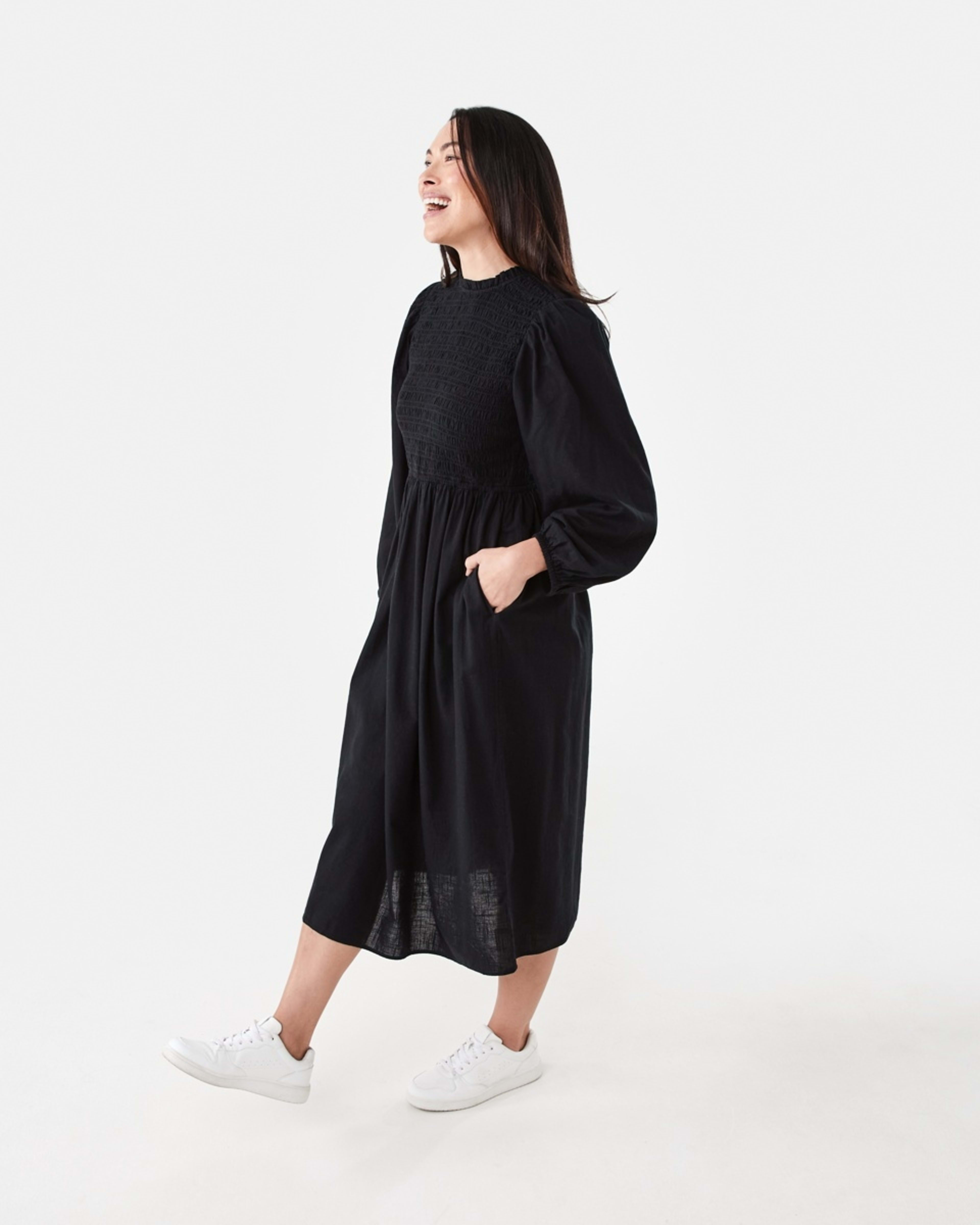 2 Long Sleeve Shirred Bodice Midi Dress Black, 2 of 7