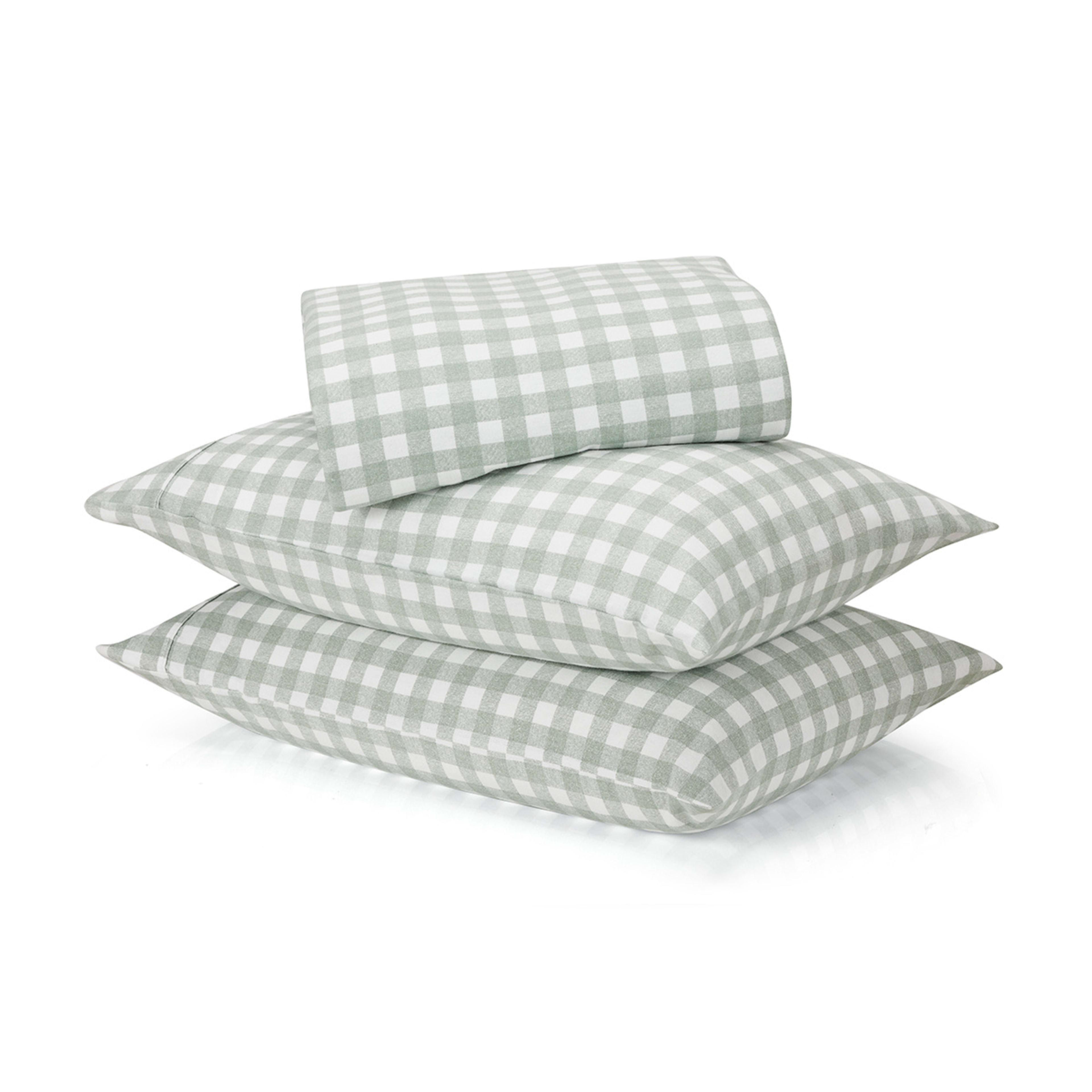 1 Gingham Cotton Flannelette Sheet Set - King Bed, Green