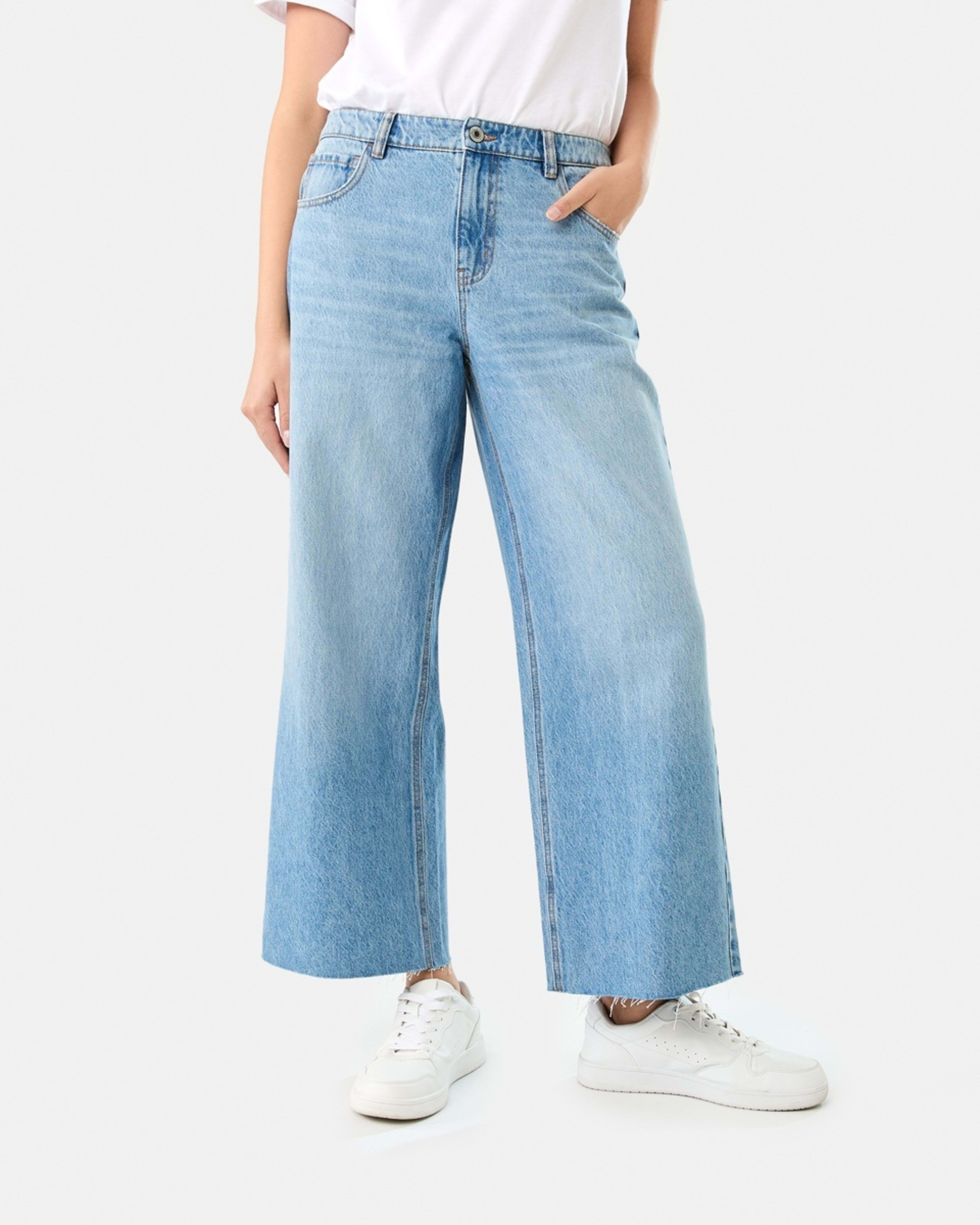 1 Wide Leg Raw Hem Jeans MID WASH, 1 of 9