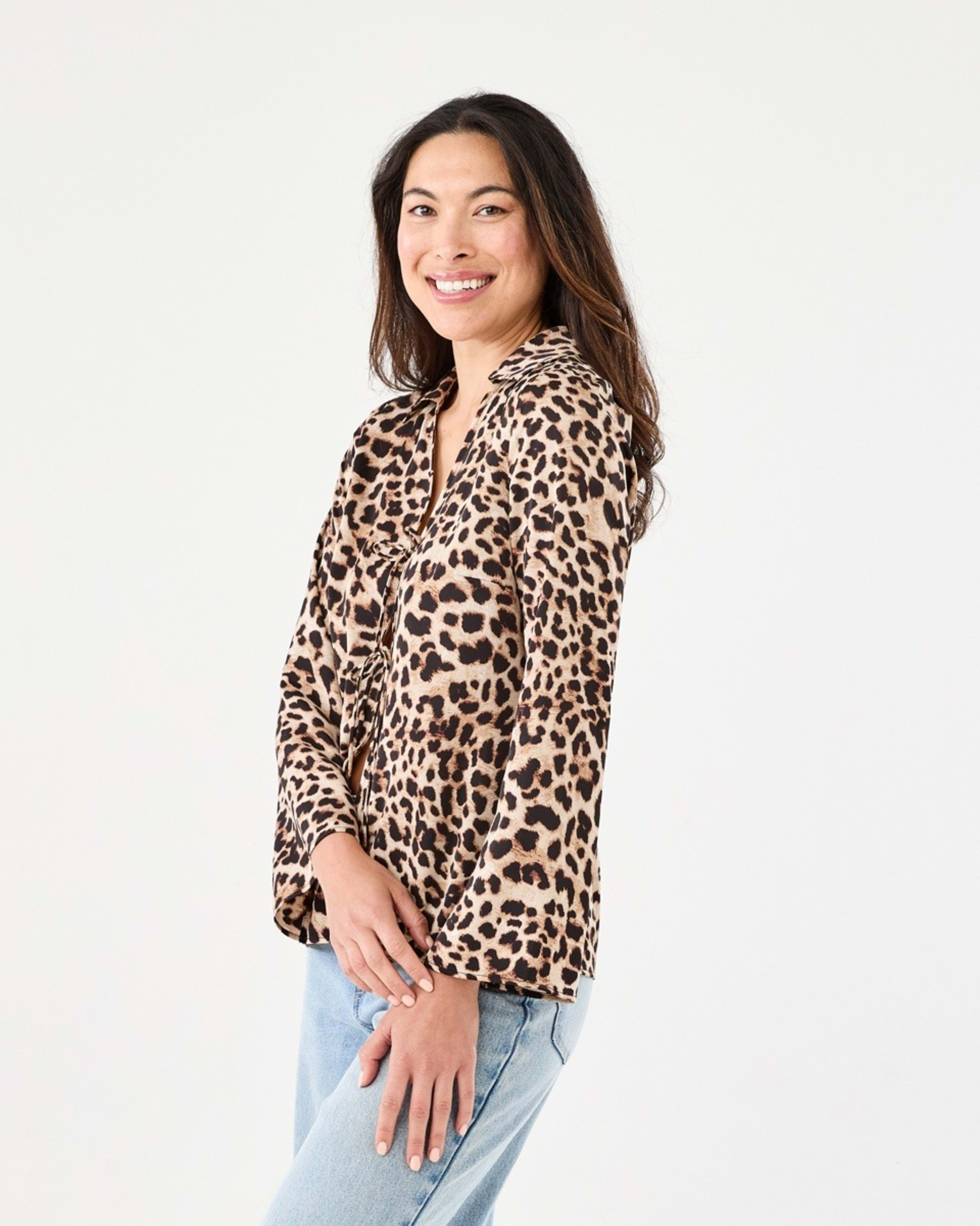 2 Long Sleeve Satin Tie Front Top Brwn Leo, 2 of 7