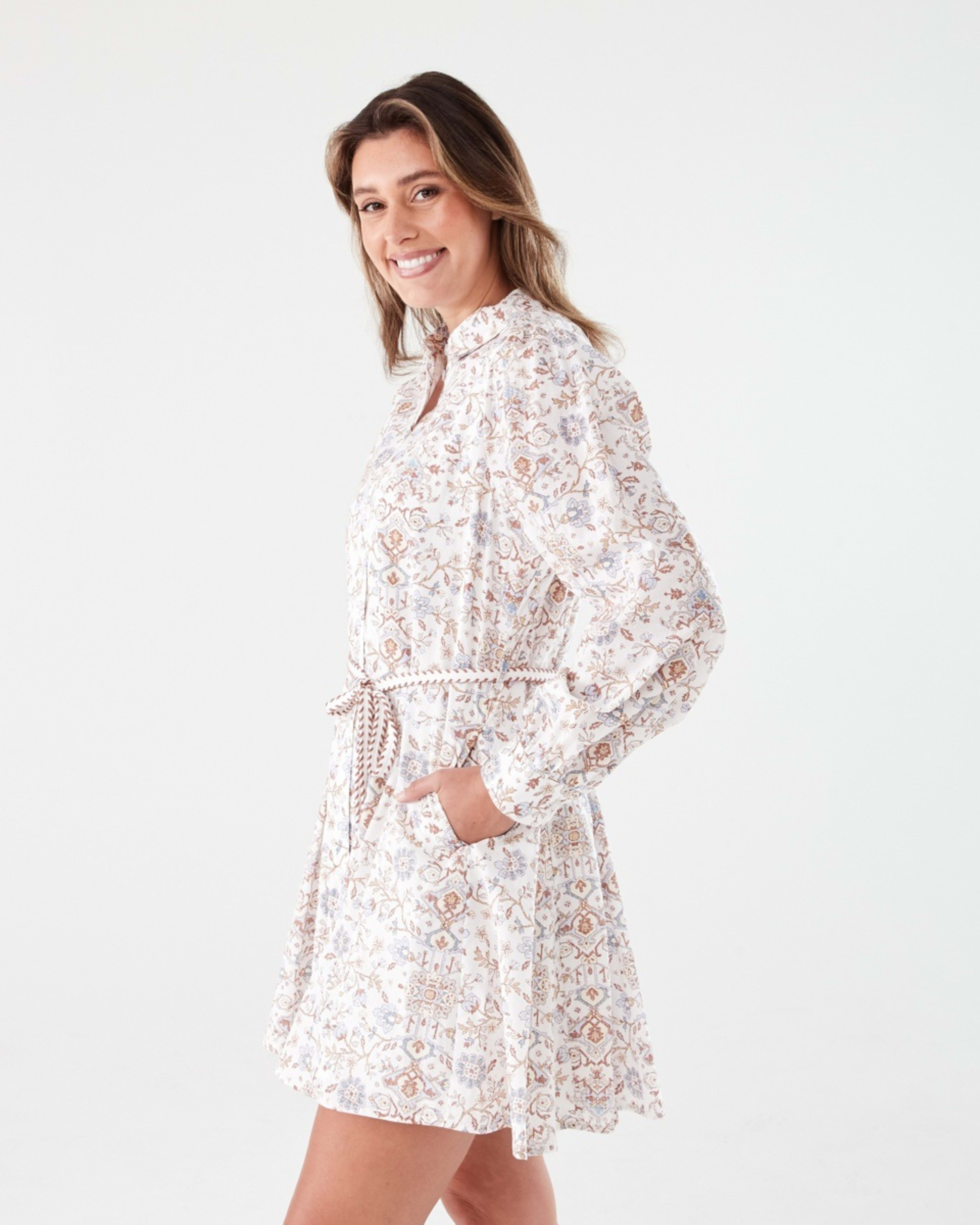 2 Long Balloon Sleeve Tie Waist Mini Dress BOHO FLORAL BRUNI BLUE, 2 of 8