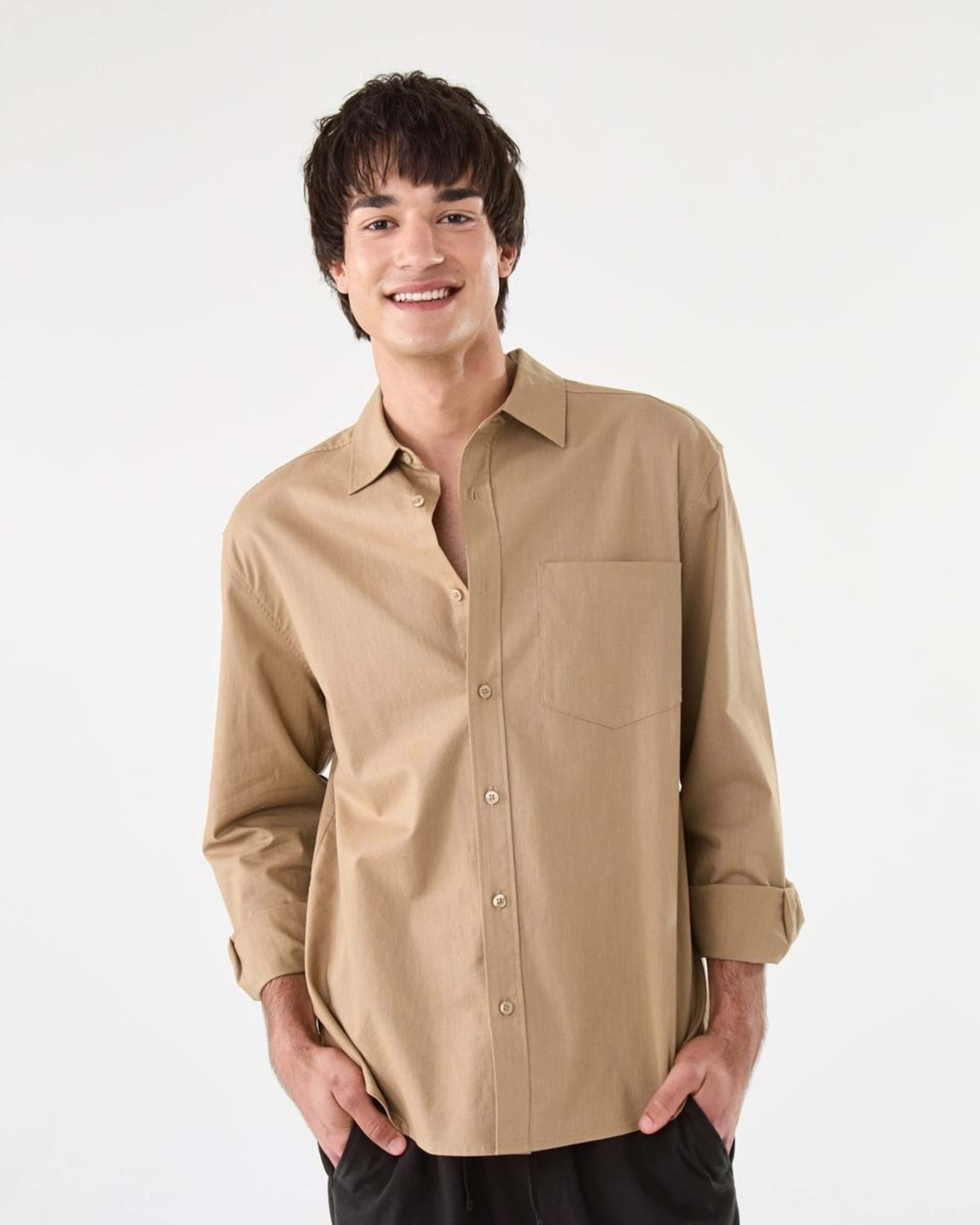 1 Long Sleeve Cotton Linen Shirt UNI BEIGE, 1 of 8