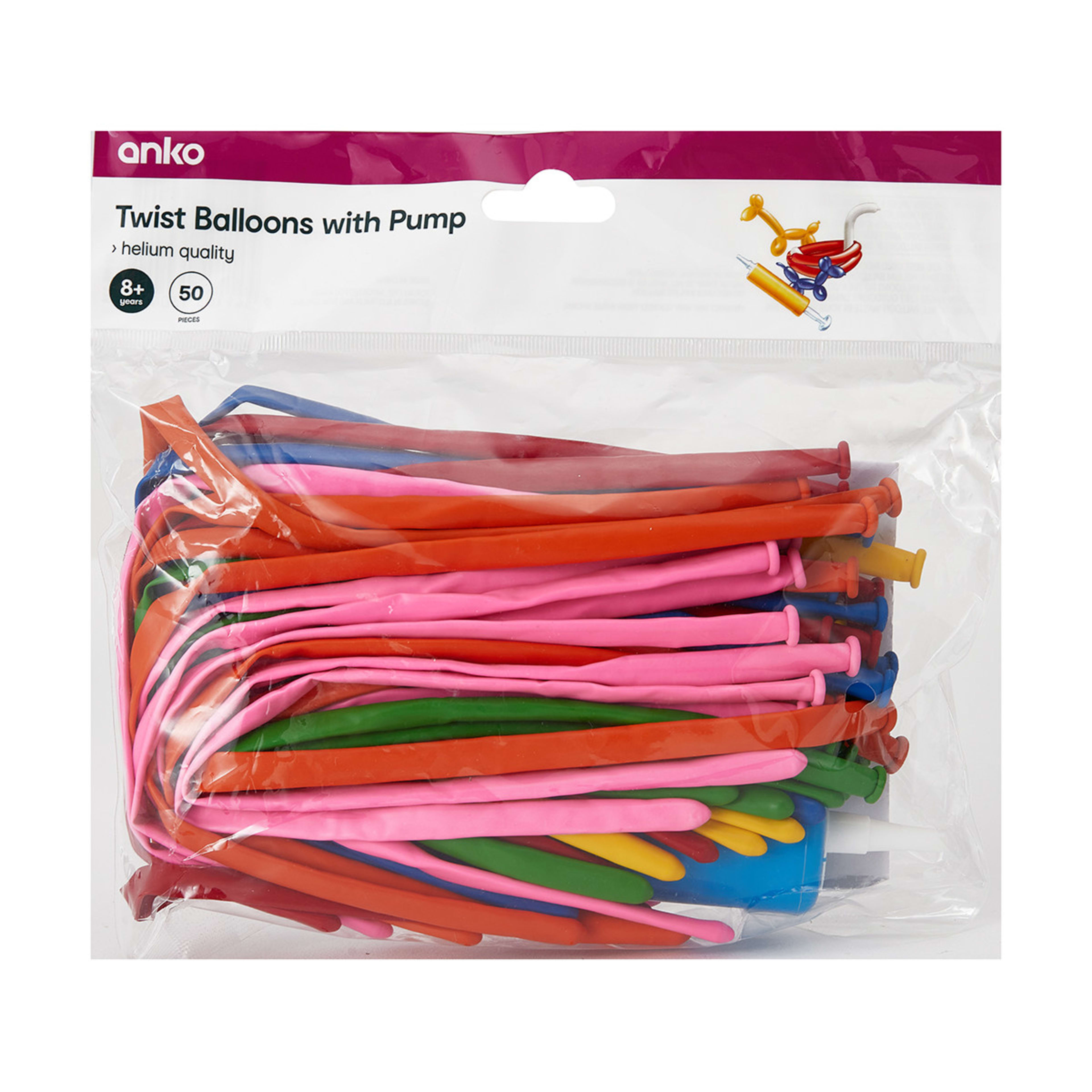 50 Pack Twist Balloons with Pump Kmart