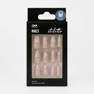 OXX Cosmetics 24 Pack False Nails with Adhesive - Stiletto Shape, Pastel Flowers
