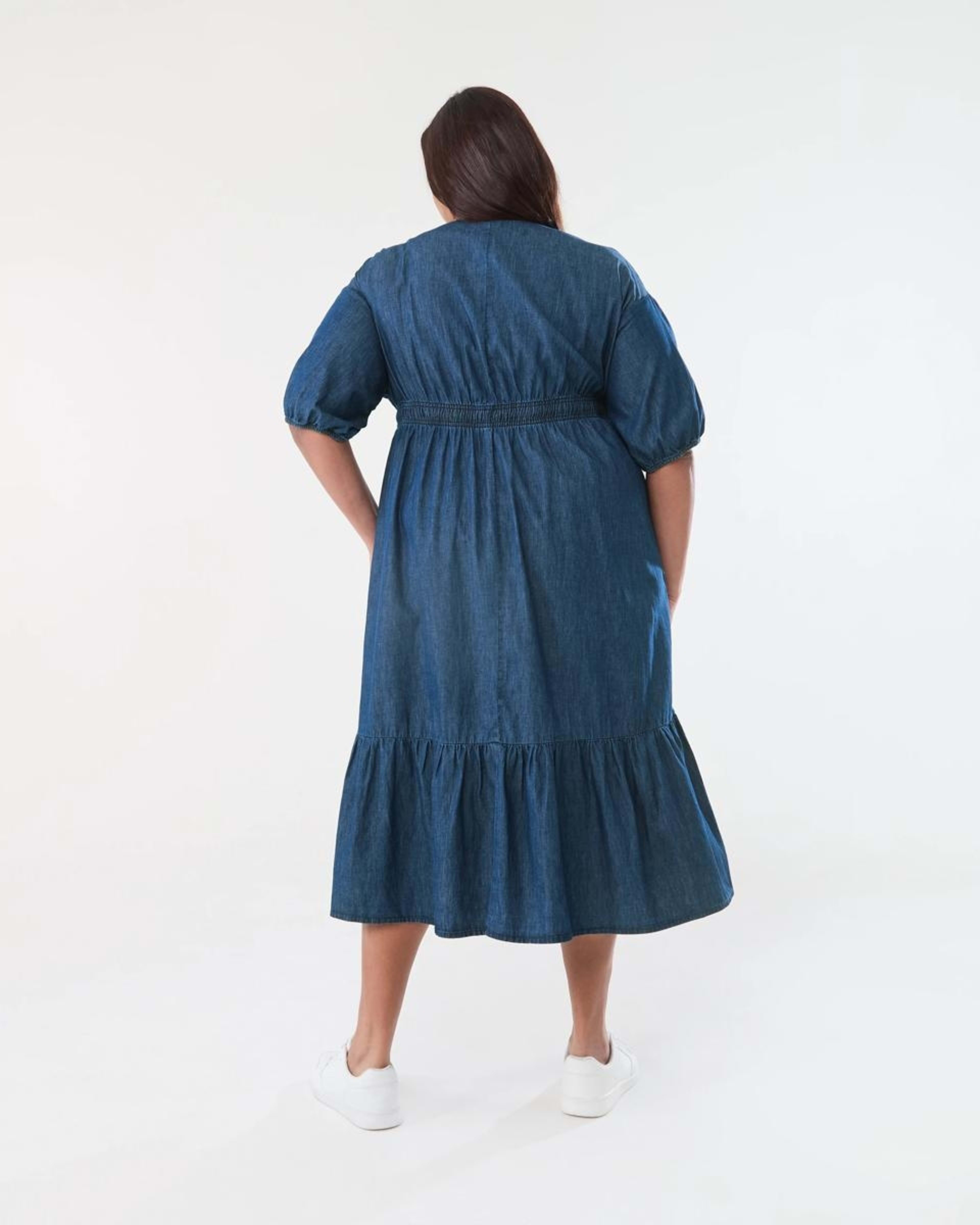 3 Curve Short Sleeve Chambray Midi Dress DARK DENIM WASH, 3 of 6