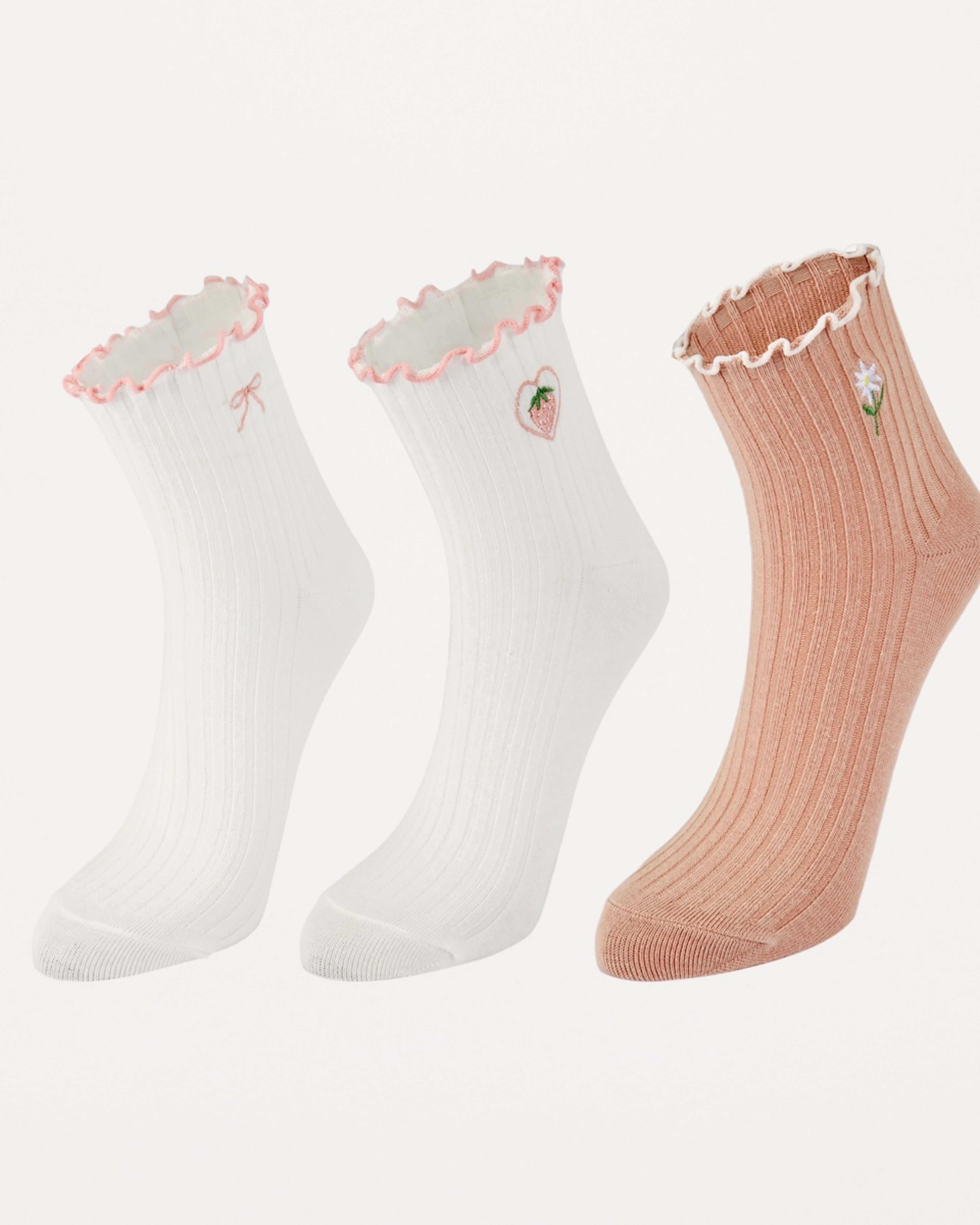1 3 Pack Frill Quarter Crew Embroidery Socks BOW BERRY ROSE SMOKE, 1 of 3