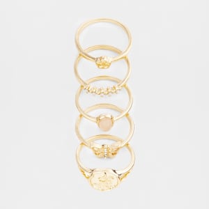 Floral Butterfly Multi Pack Rings - Medium/Large, Gold Look