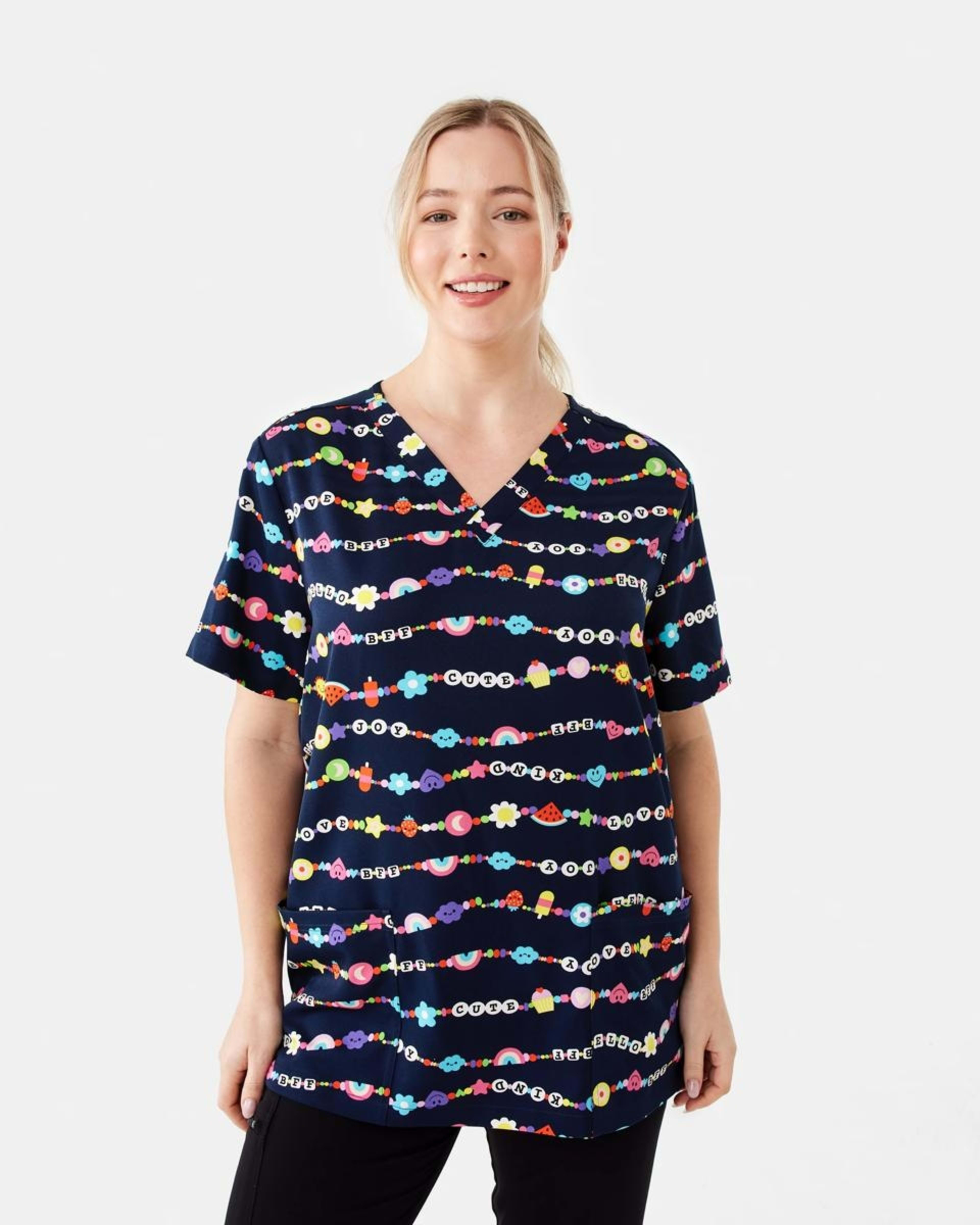 1 Work Short Sleeve Print Scrub Top FUN BRACELETS PARISIAN NAVY
