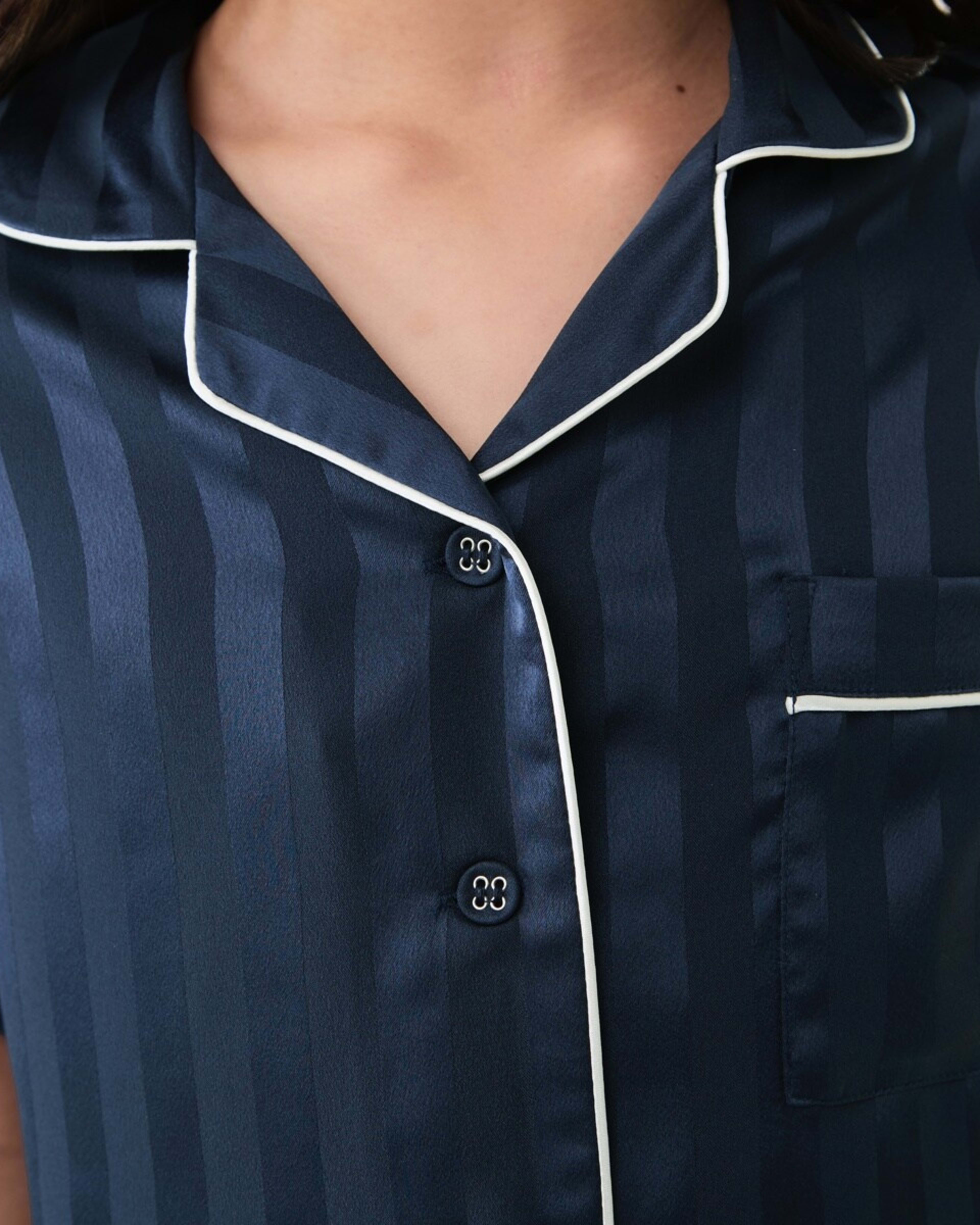 4 Short Sleeve Satin Pyjama Set JACQUARD STRIPE DEEP INDIGO, 4 of 6