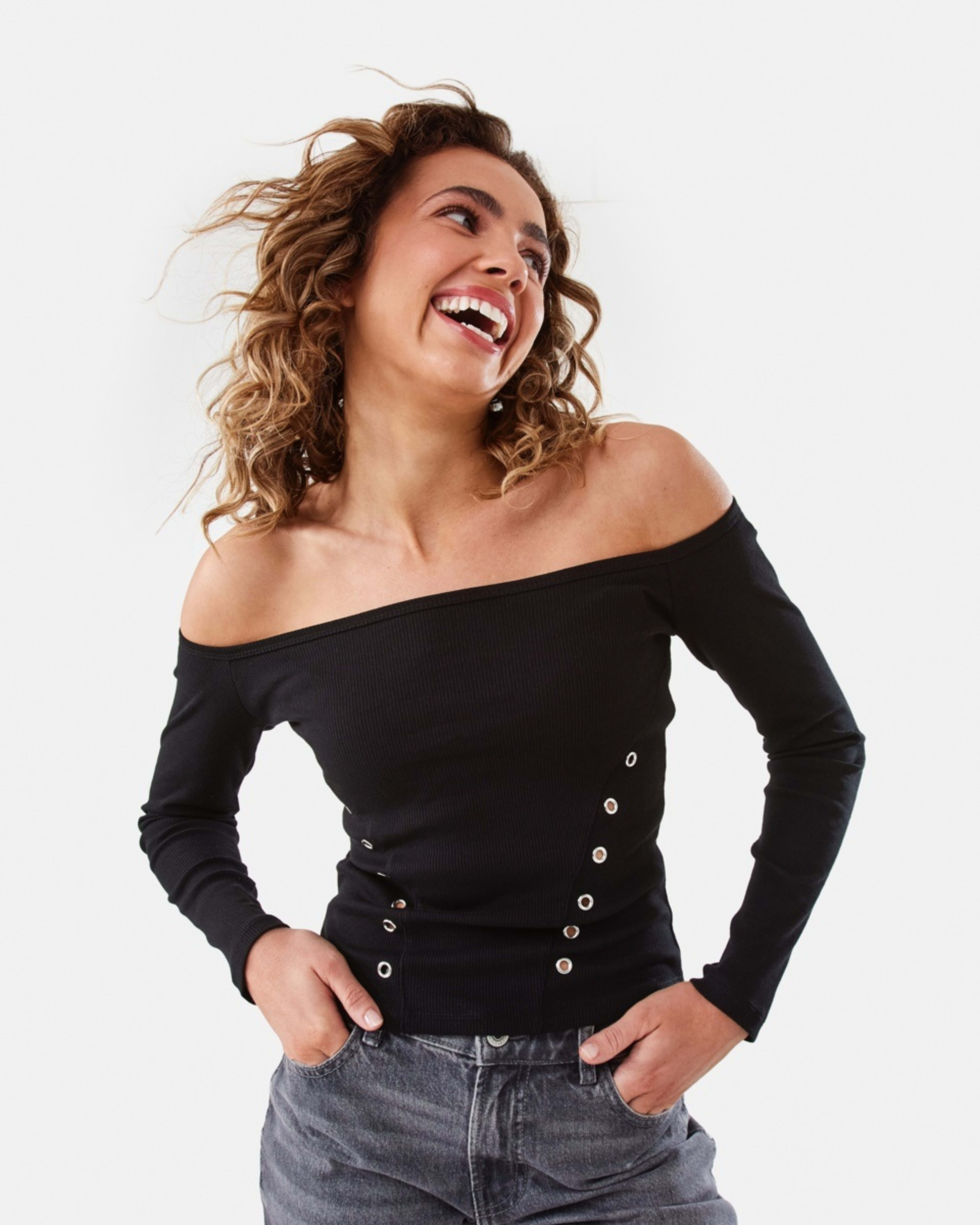 1 Long Sleeve Stud Detail Top Black