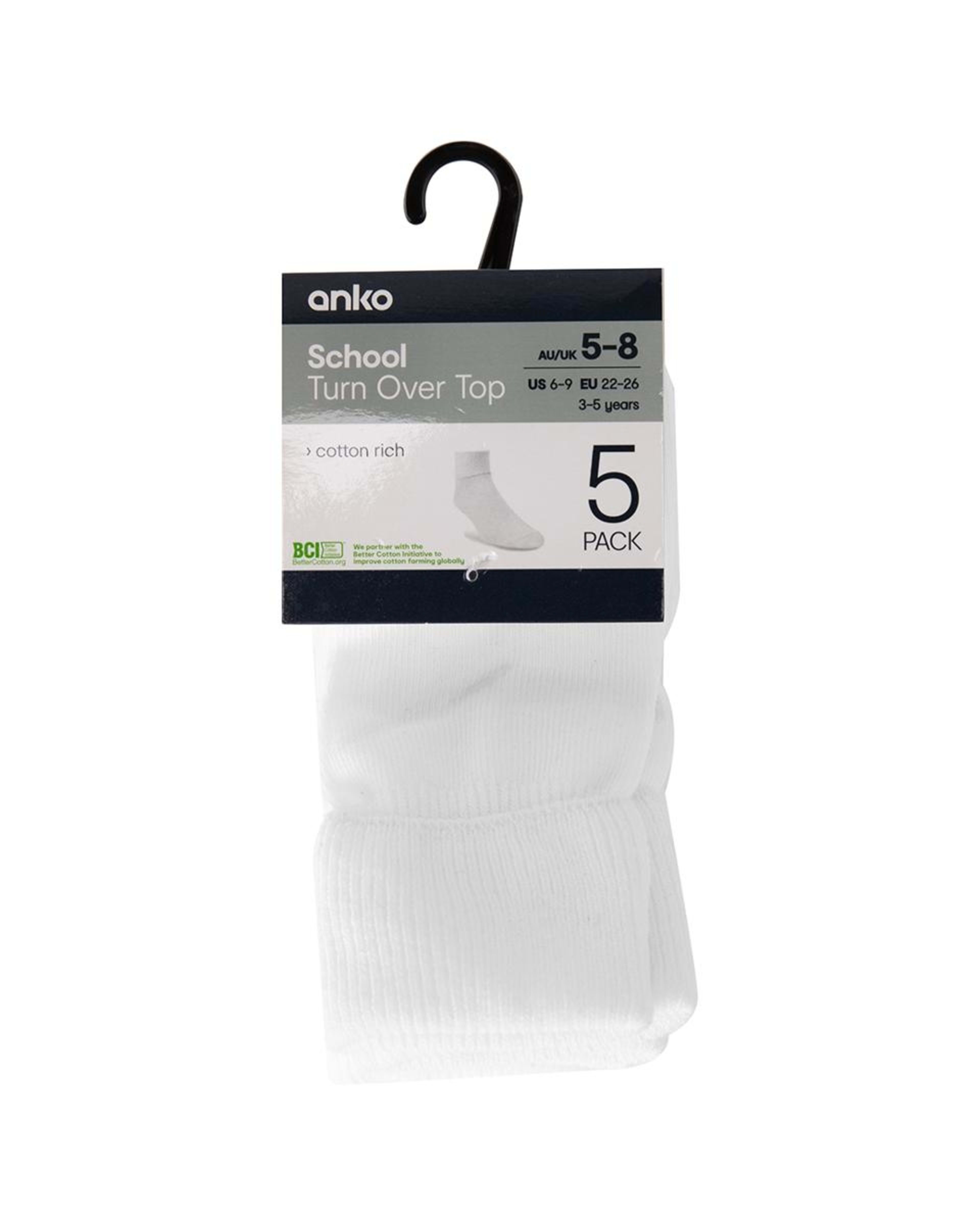 3 5 Pack School Turn Over Top Socks WHITE, 3 of 3