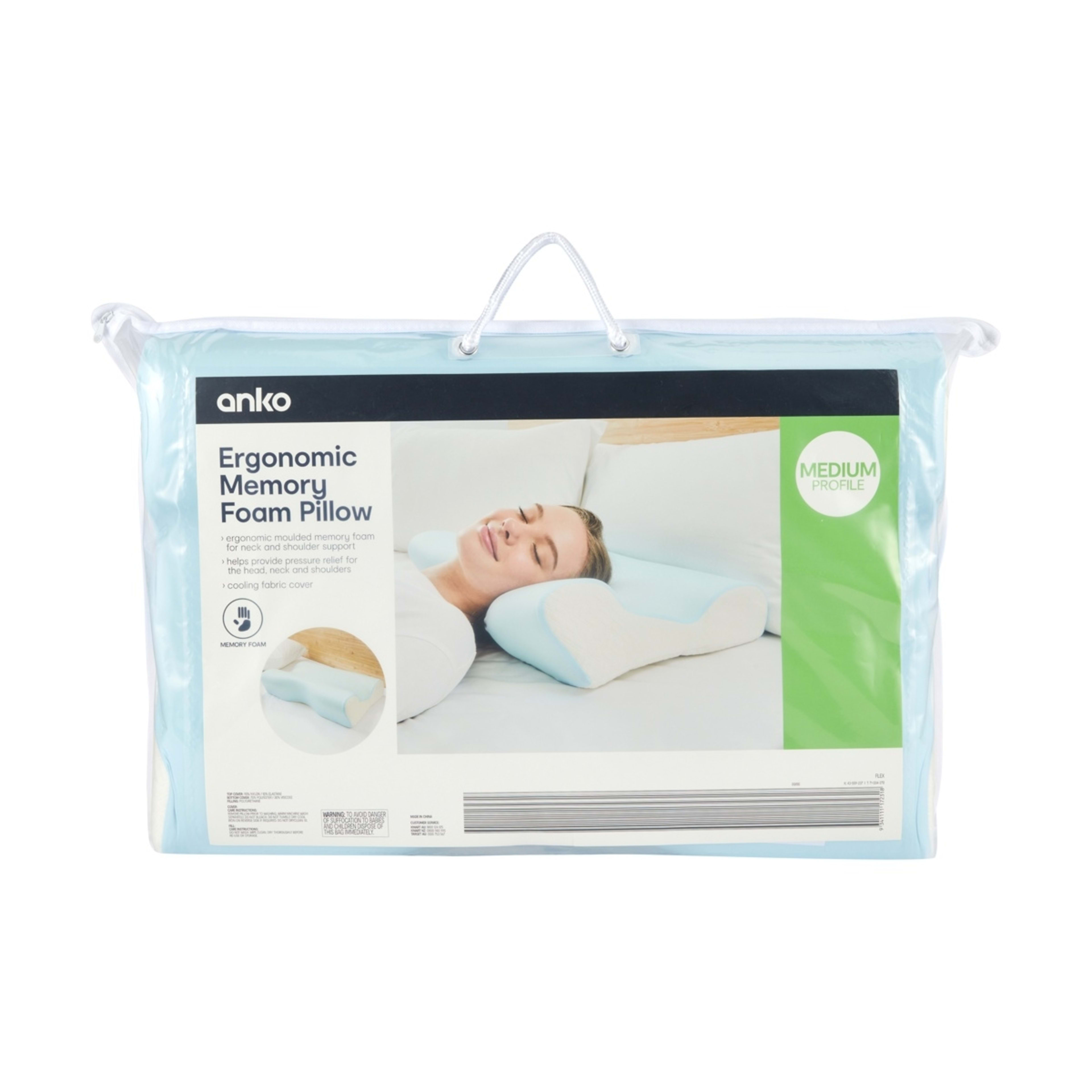 1 Ergonomic Memory Foam Pillow - Medium Profile, Blue and White, 1 of 10