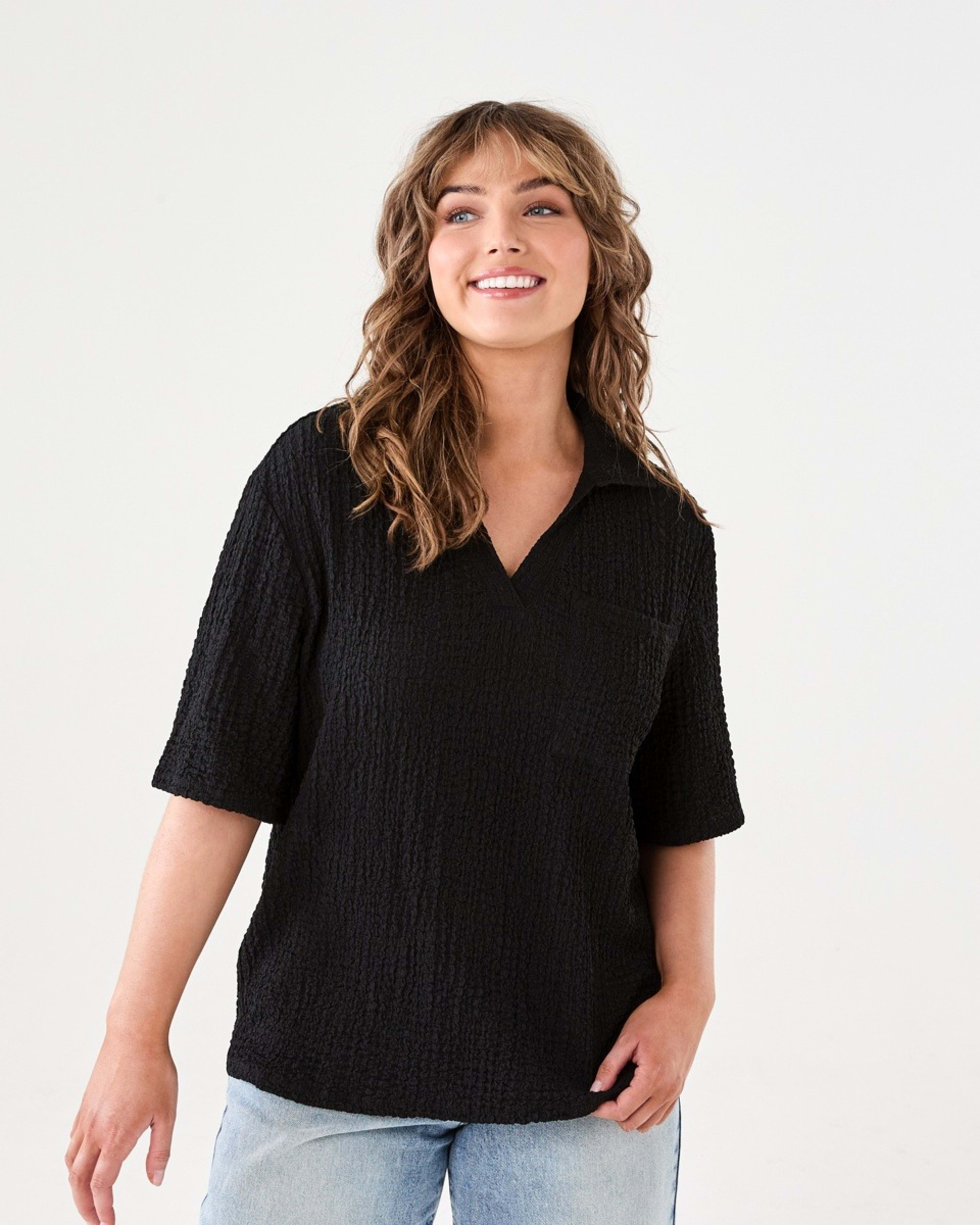 1 Short Sleeve Textured Polo Top BLACK, 1 of 6