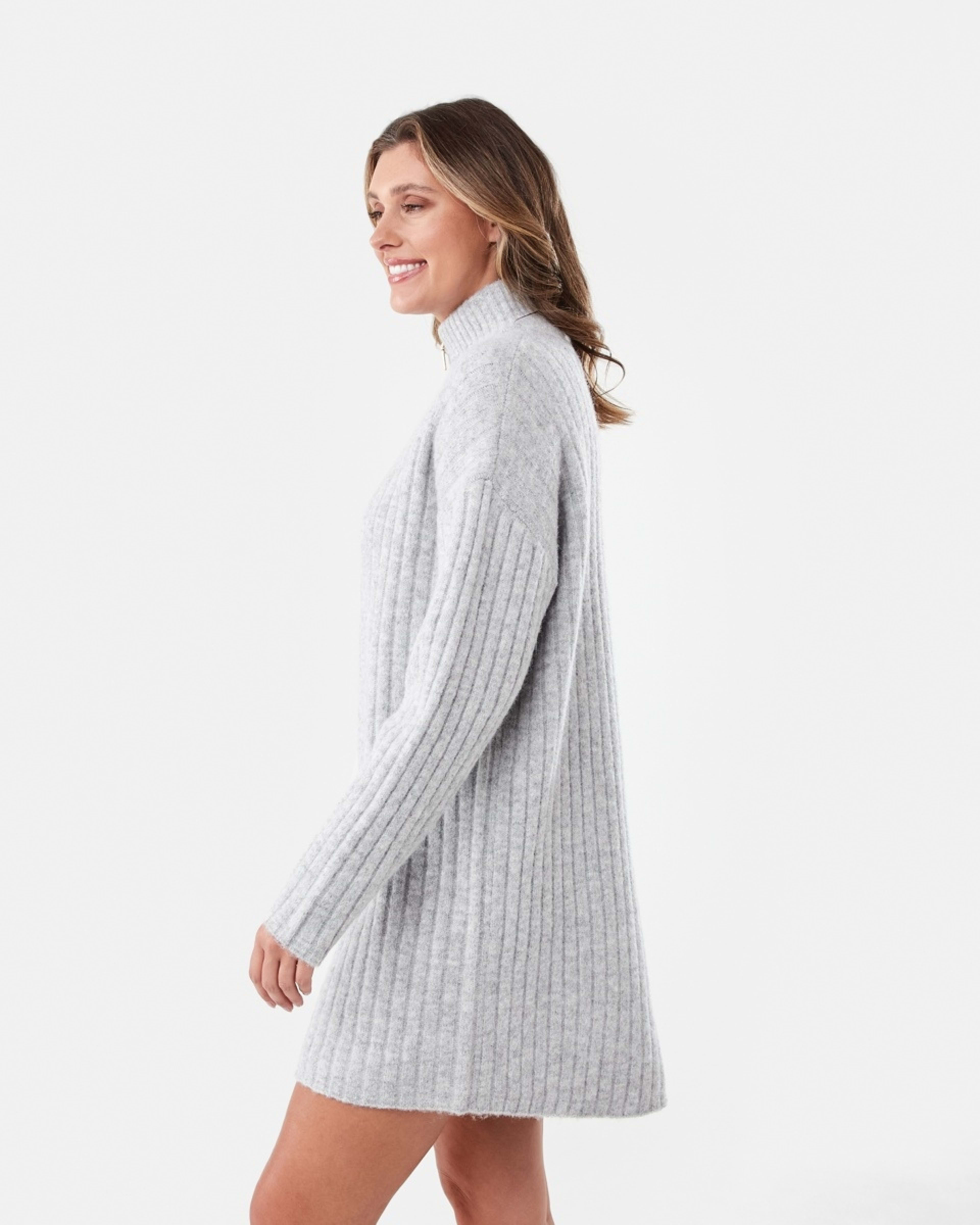 2 Long Sleeve Half Zip True Knit Mini Dress Grey Marle, 2 of 7