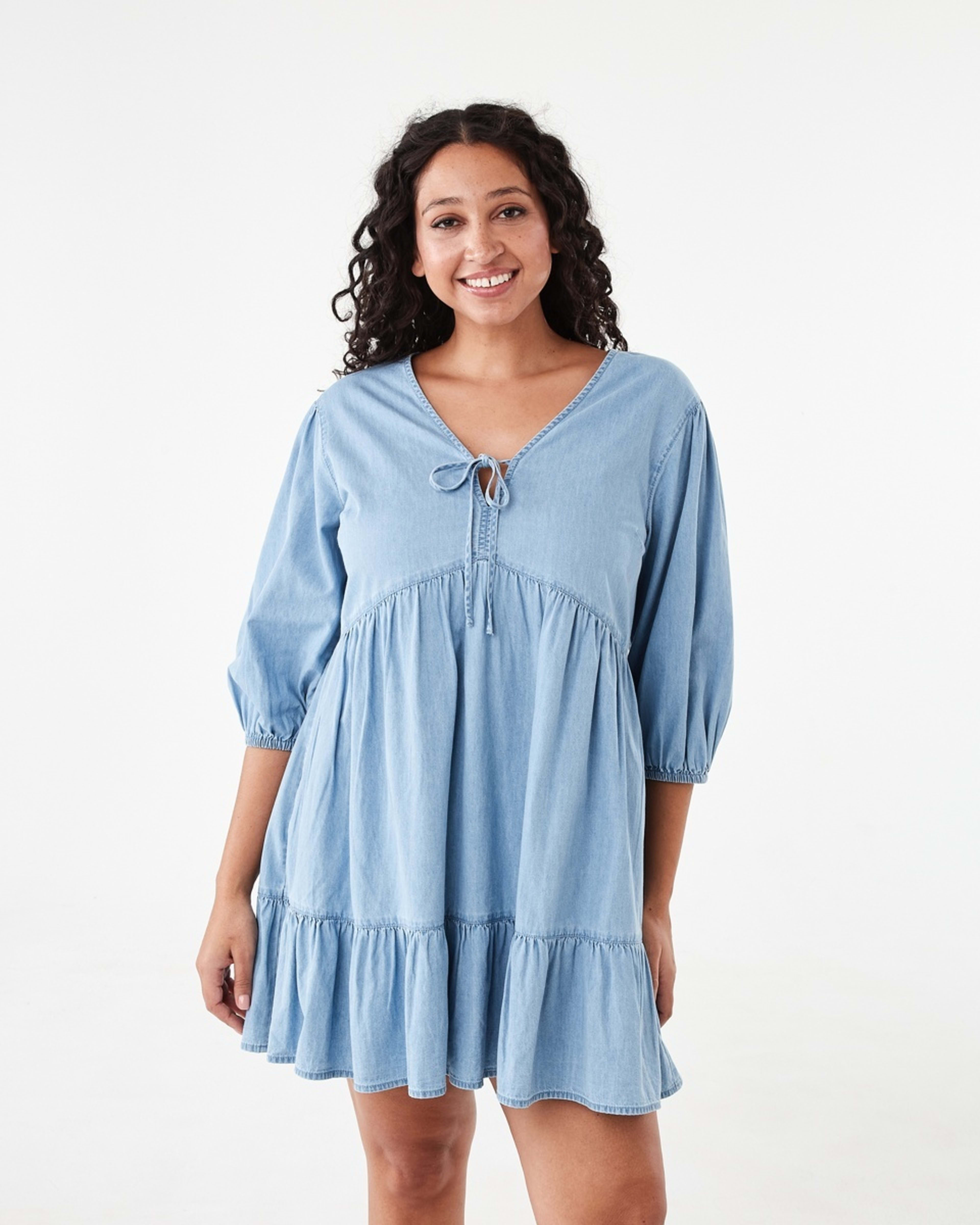1 3/4 Balloon Sleeves Tie Front Mini Dress Light Wash