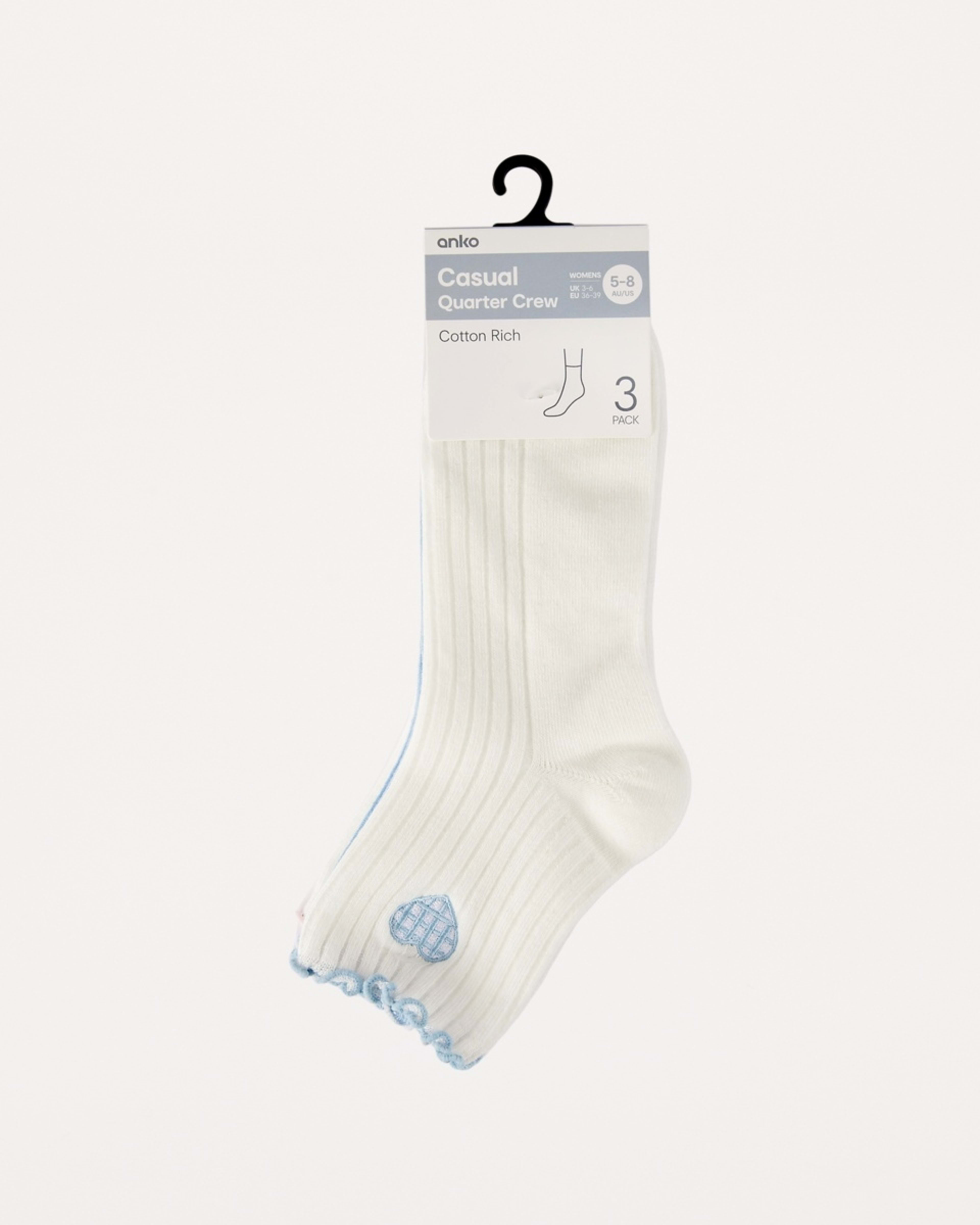 3 3 Pack Frill Quarter Crew Embroidery Socks CROISSANT SKYWAY, 3 of 3