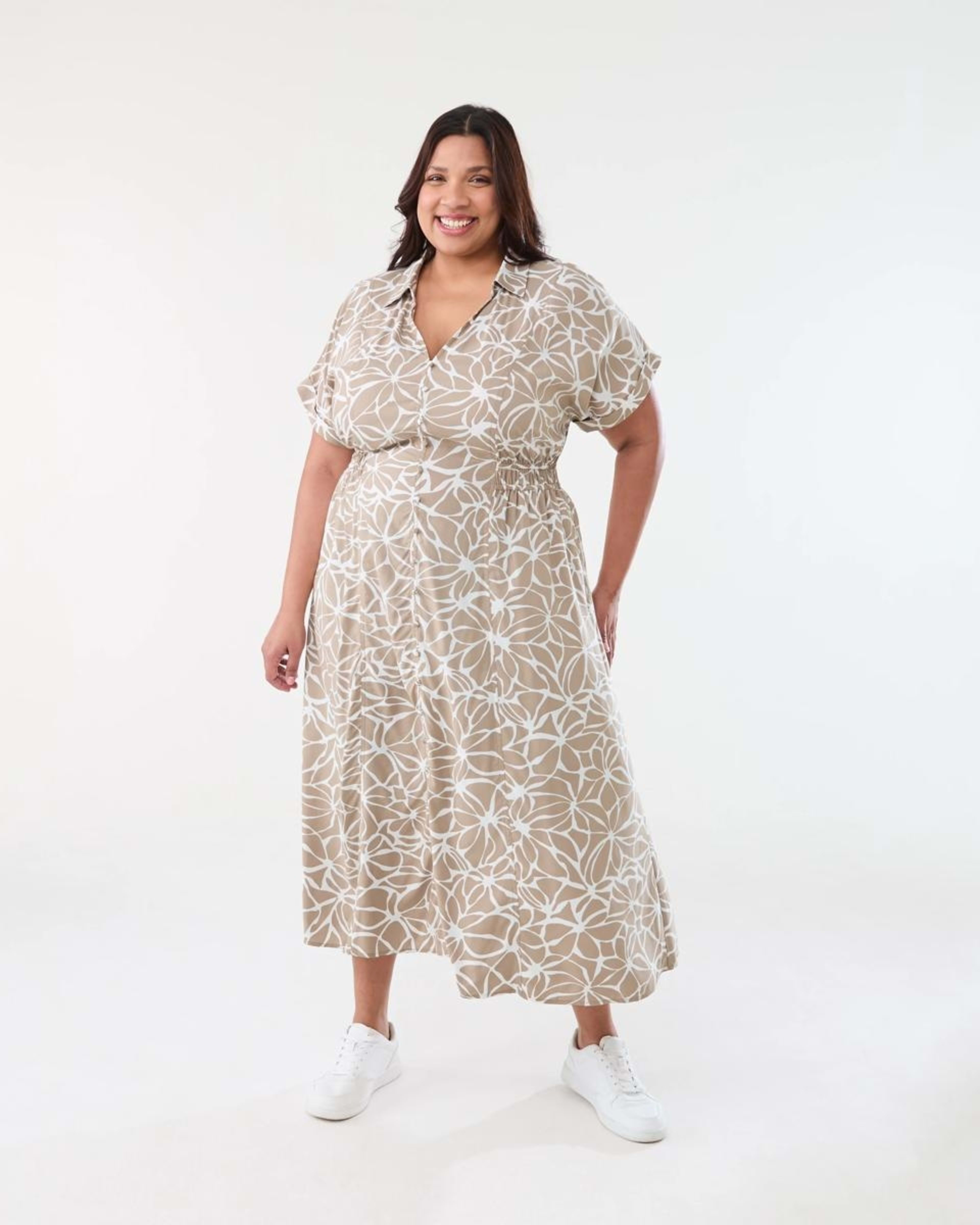 1 Curve Short Sleeve Shirt Midi Dress BROKEN FLORAL DUNE BEIGE, 1 of 6
