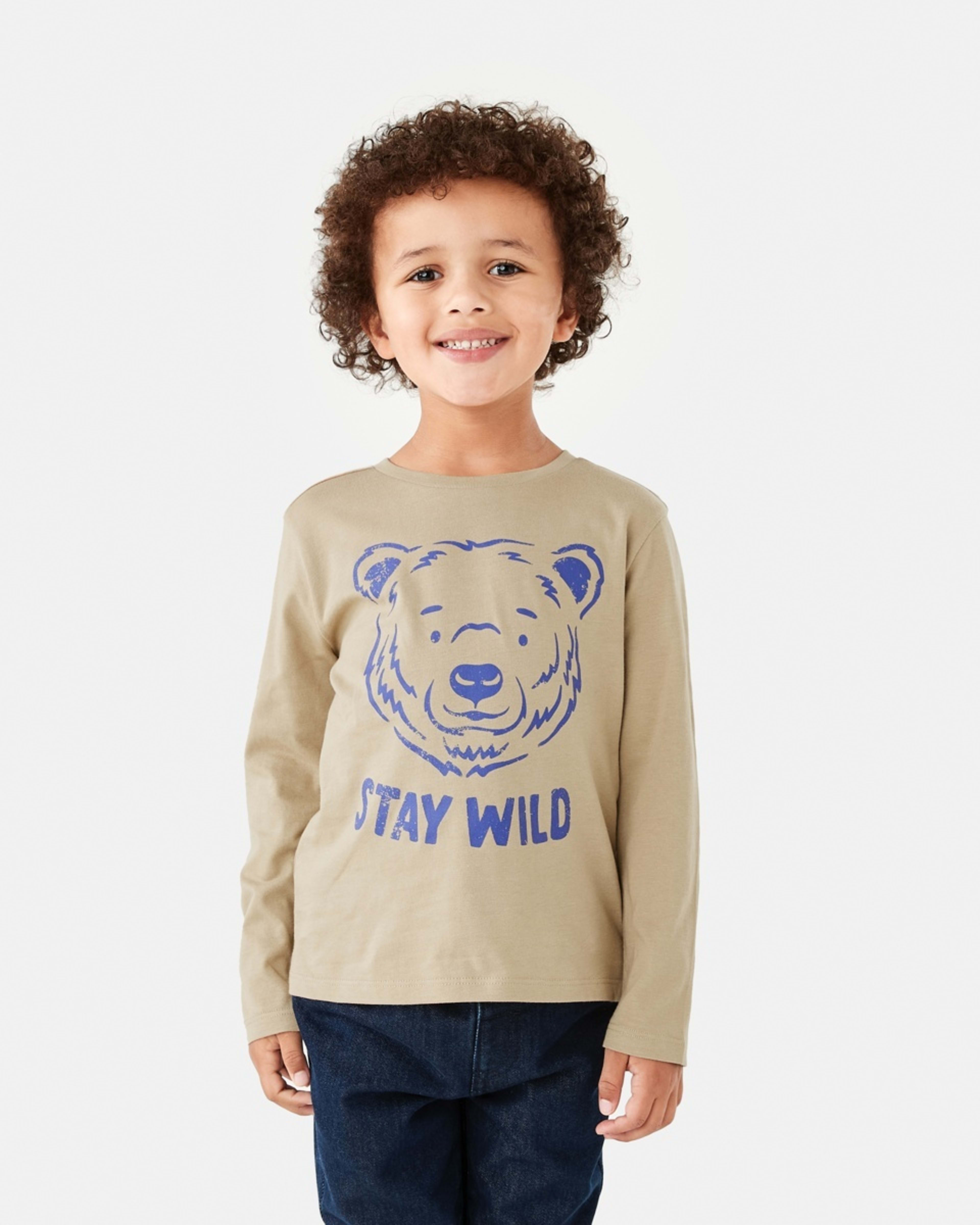 1 Long Sleeve Print T-shirt Beige Bear, 1 of 8