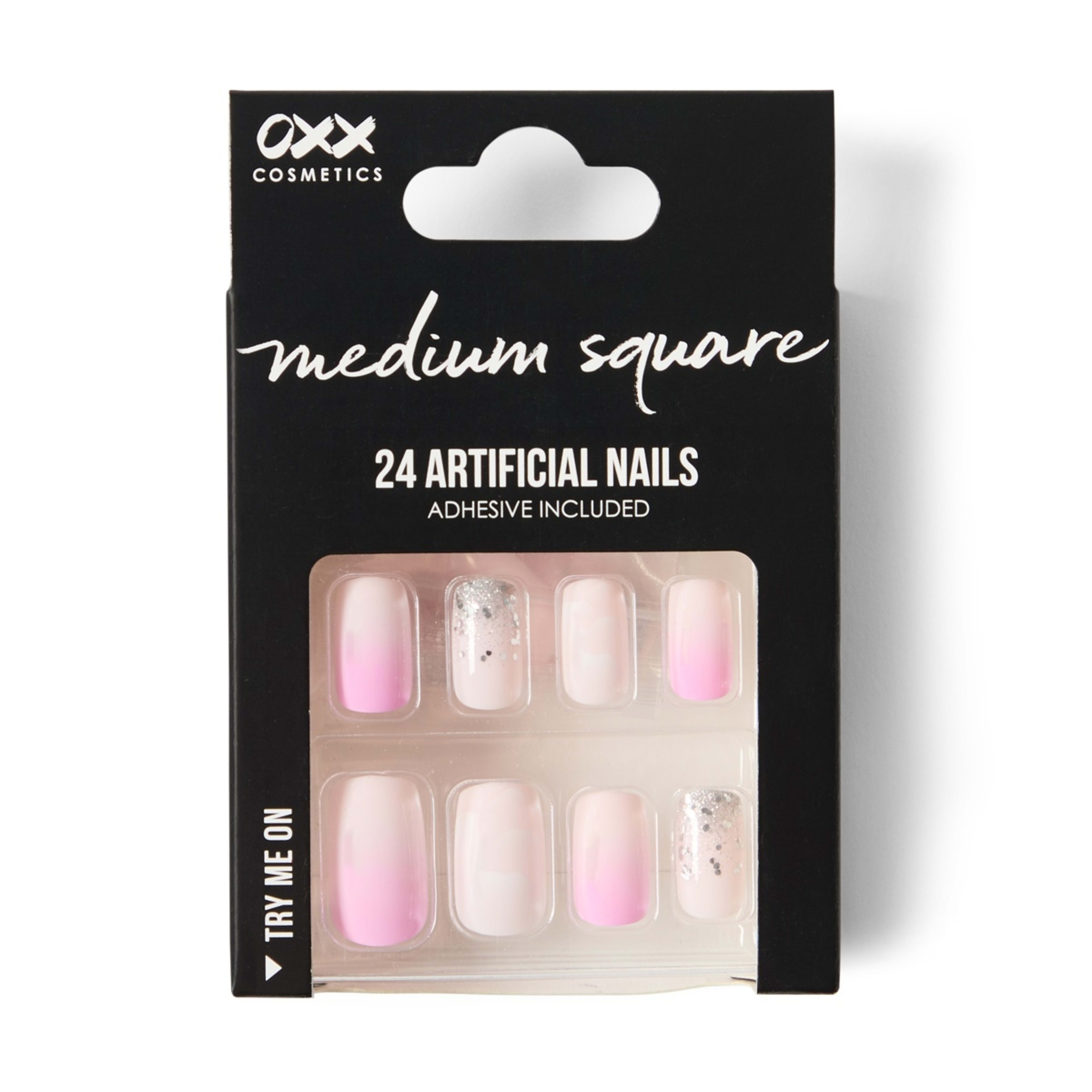 1 OXX Cosmetics 24 Pack Artificial Nails with Adhesive - Medium Square Shape, Pink Ombre and Silver Glitter, 1 of 4