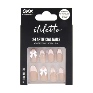 OXX Cosmetics 24 Pack Artificial Nails with Adhesive - Stiletto Shape, 3D Bow