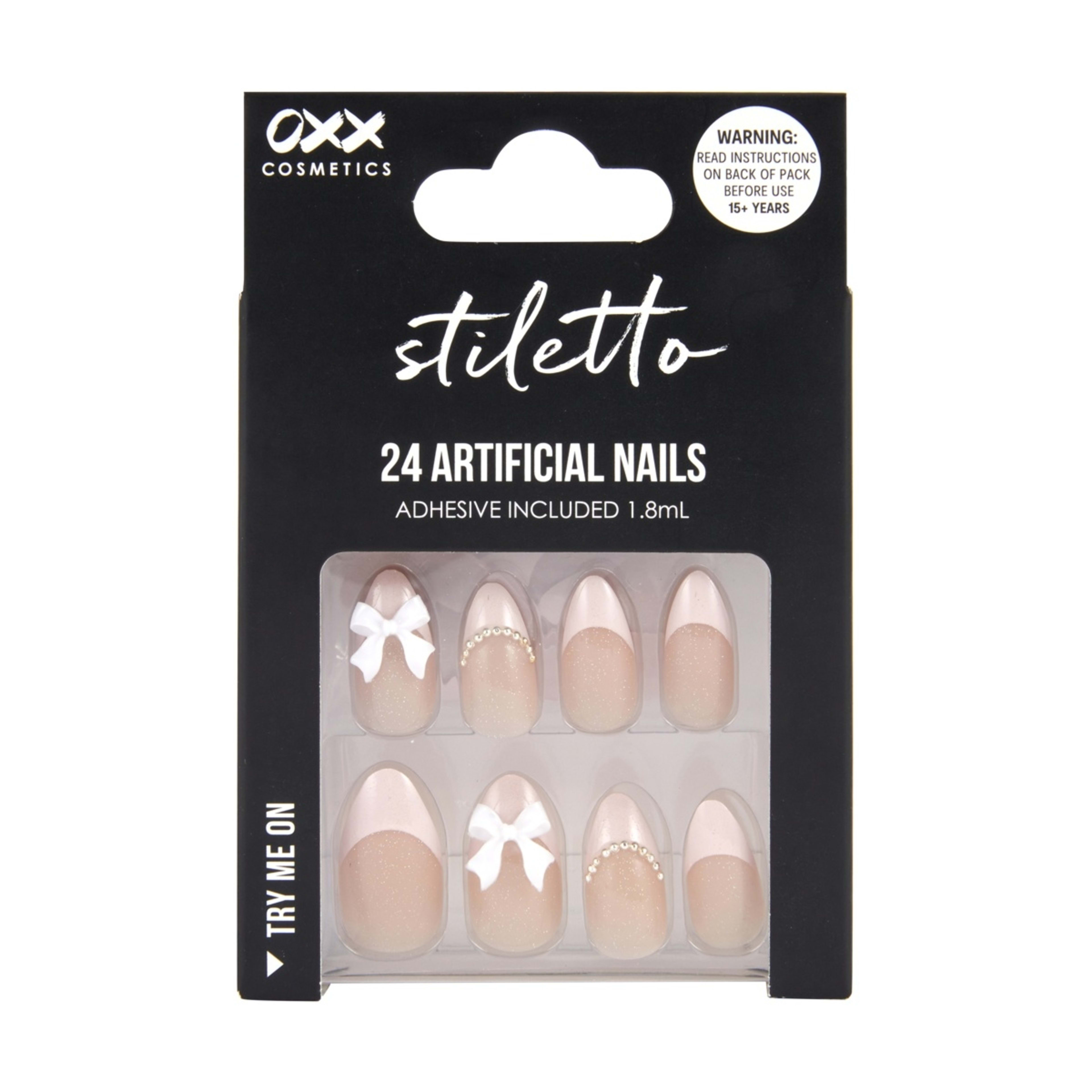 1 OXX Cosmetics 24 Pack Artificial Nails with Adhesive - Stiletto Shape, 3D Bow