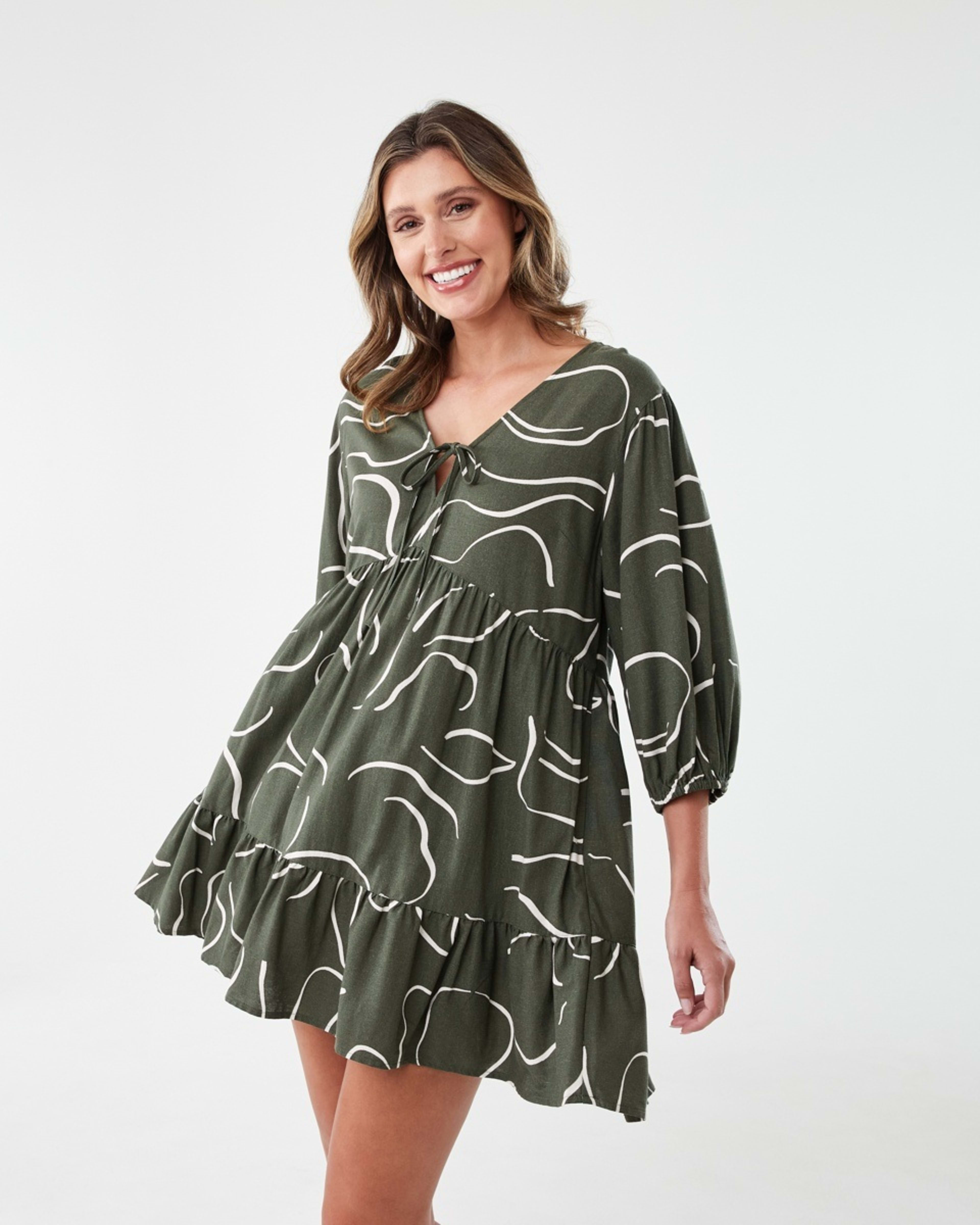 1 3/4 Balloon Sleeve Tie Front Mini Dress Abst Line