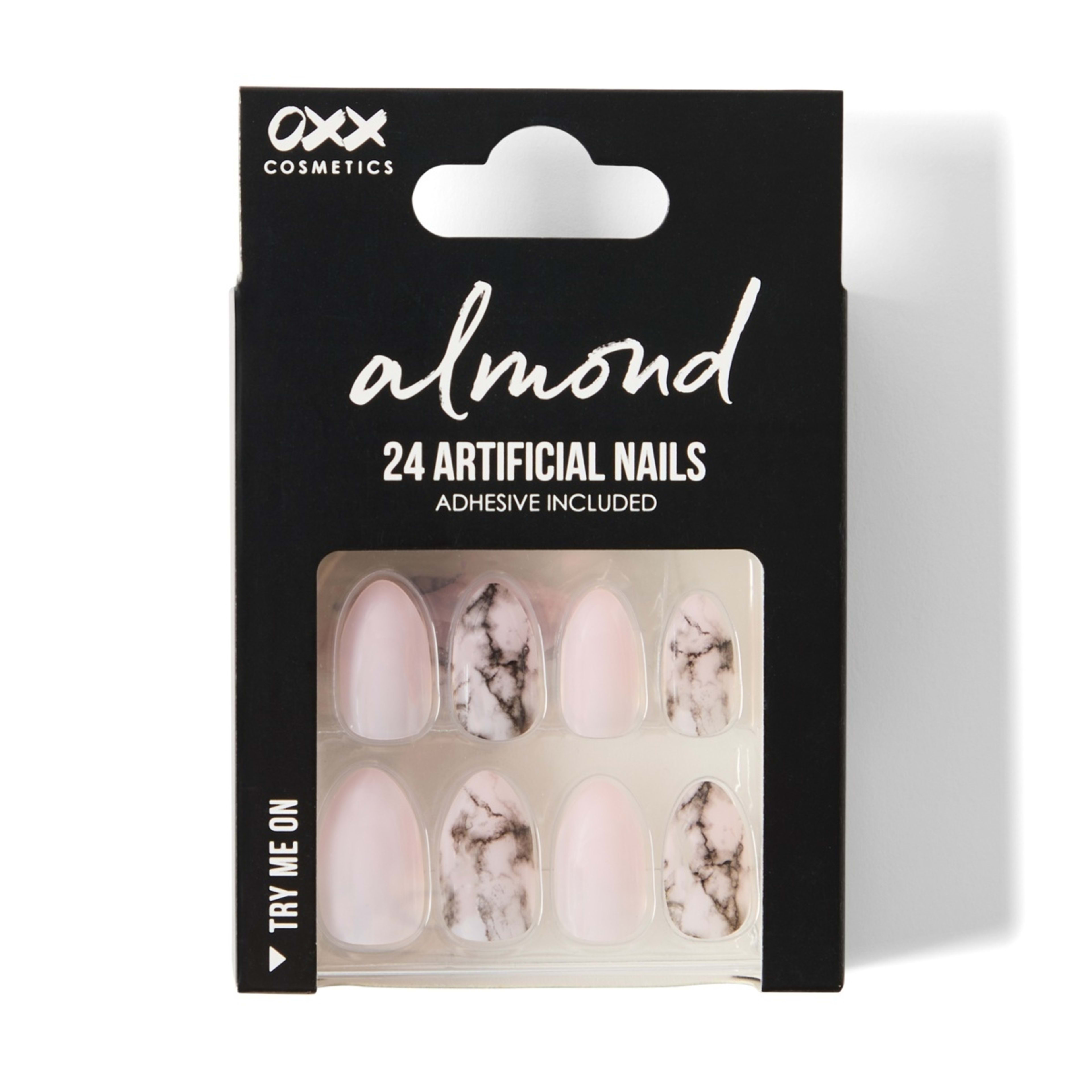 1 OXX Cosmetics 24 Pack Artificial Nails with Adhesive - Almond Shape, Pink Marble, 1 of 4