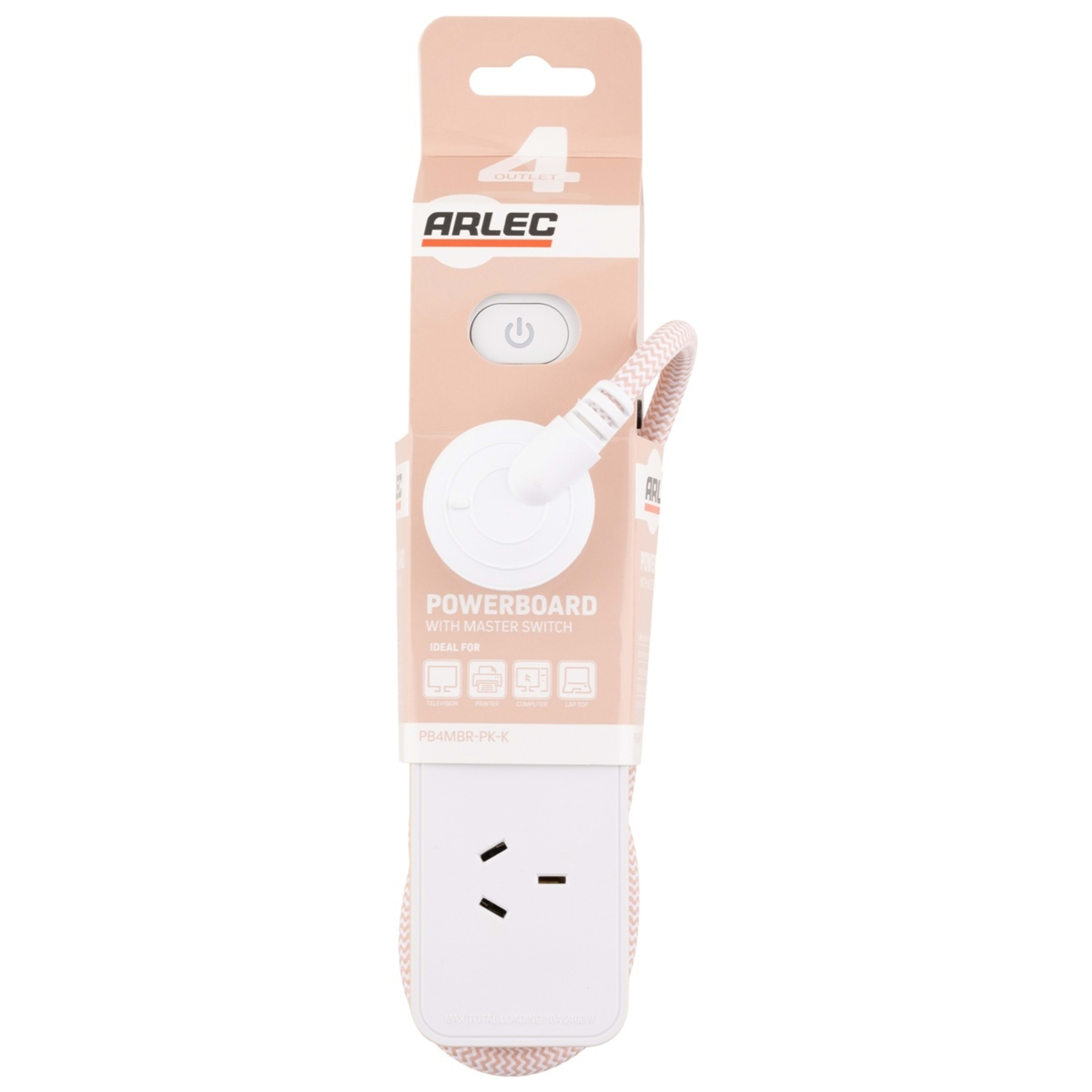 1 4 Outlet Arlec Powerboard with Master Switch - Pink, 1 of 4