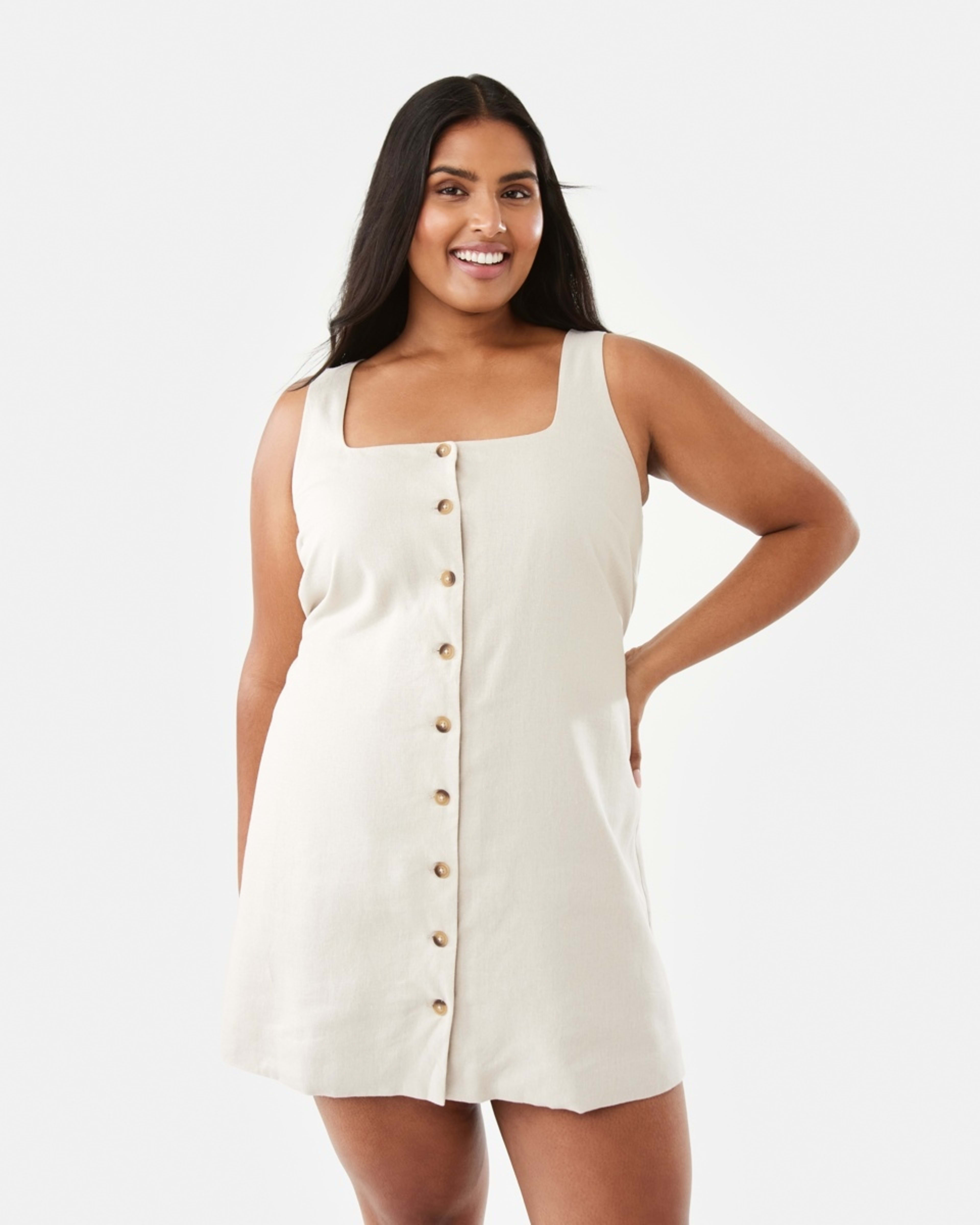 3 Sleeveless Linen Blend Button Mini Dress Grey Beige, 3 of 10