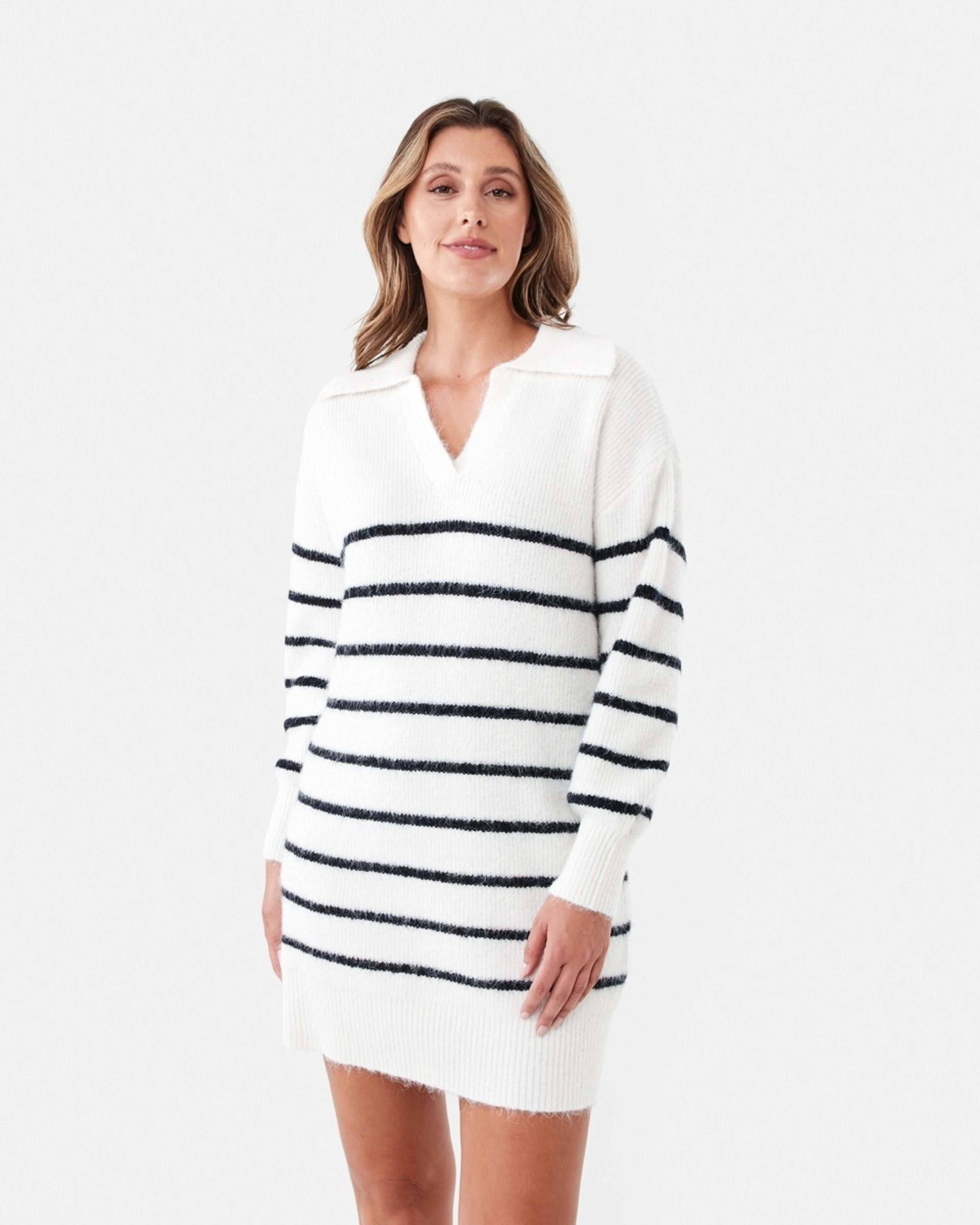 1 Long Sleeve Collared Knit Mini Dress Navy Strp