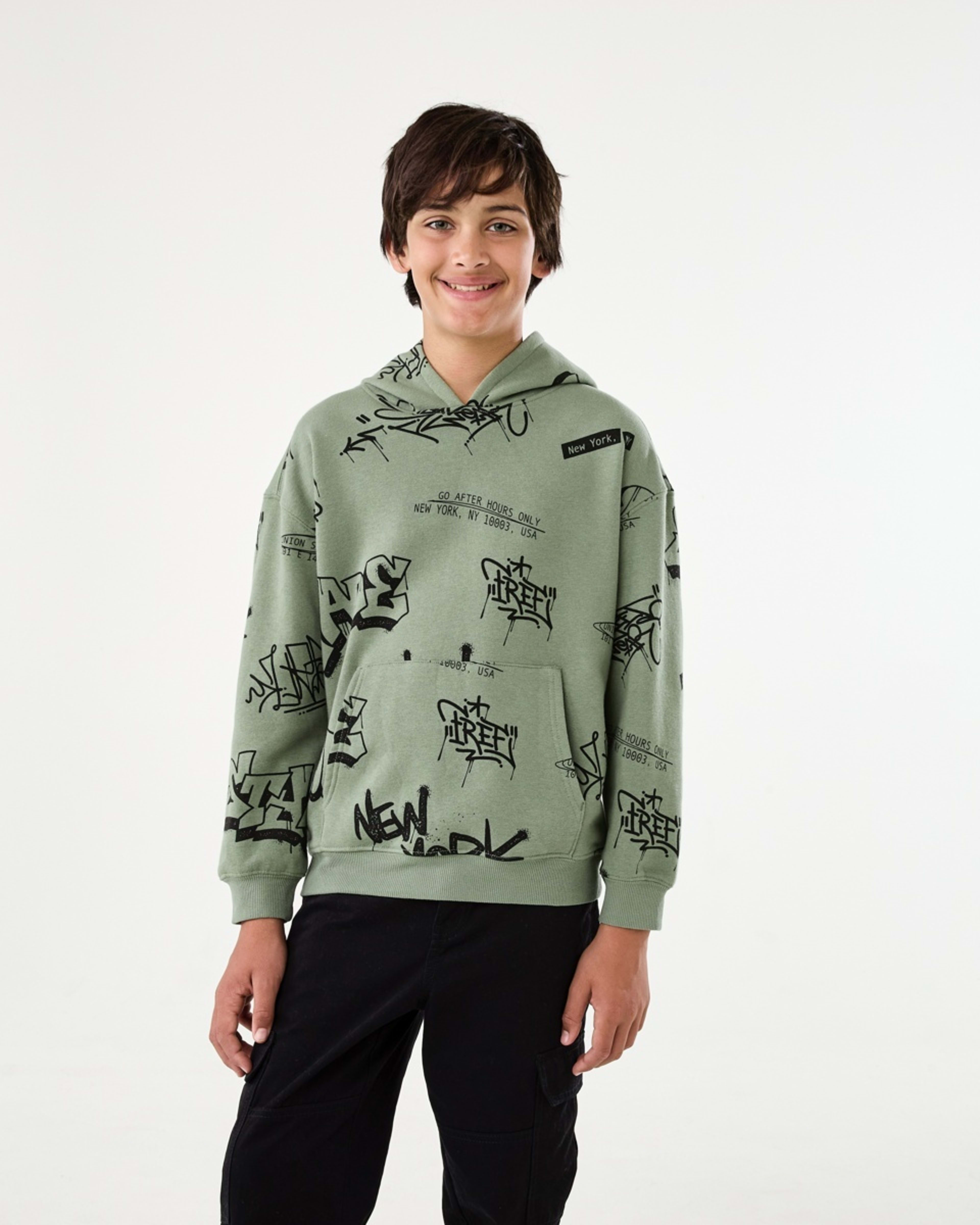 1 Print Pullover Hoodie With Pocket Grn Grfiti