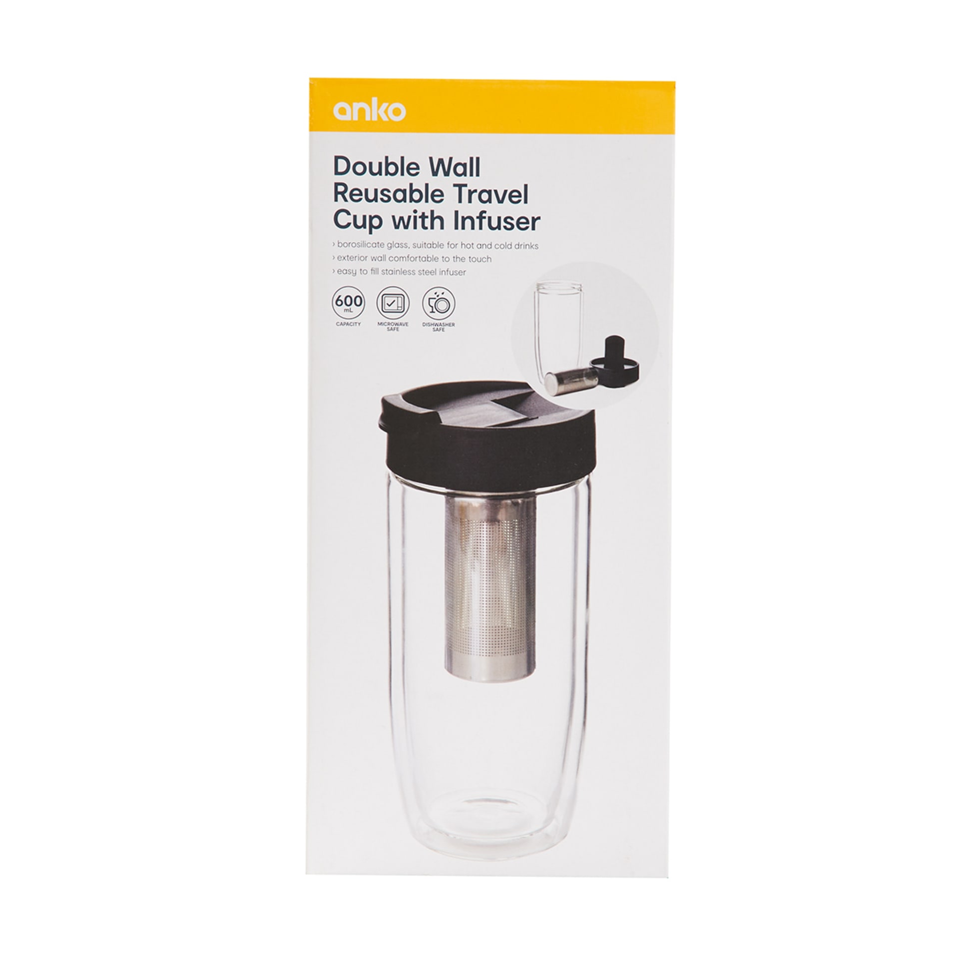 600ml Black Double Wall Reusable Travel Cup with Infuser Kmart