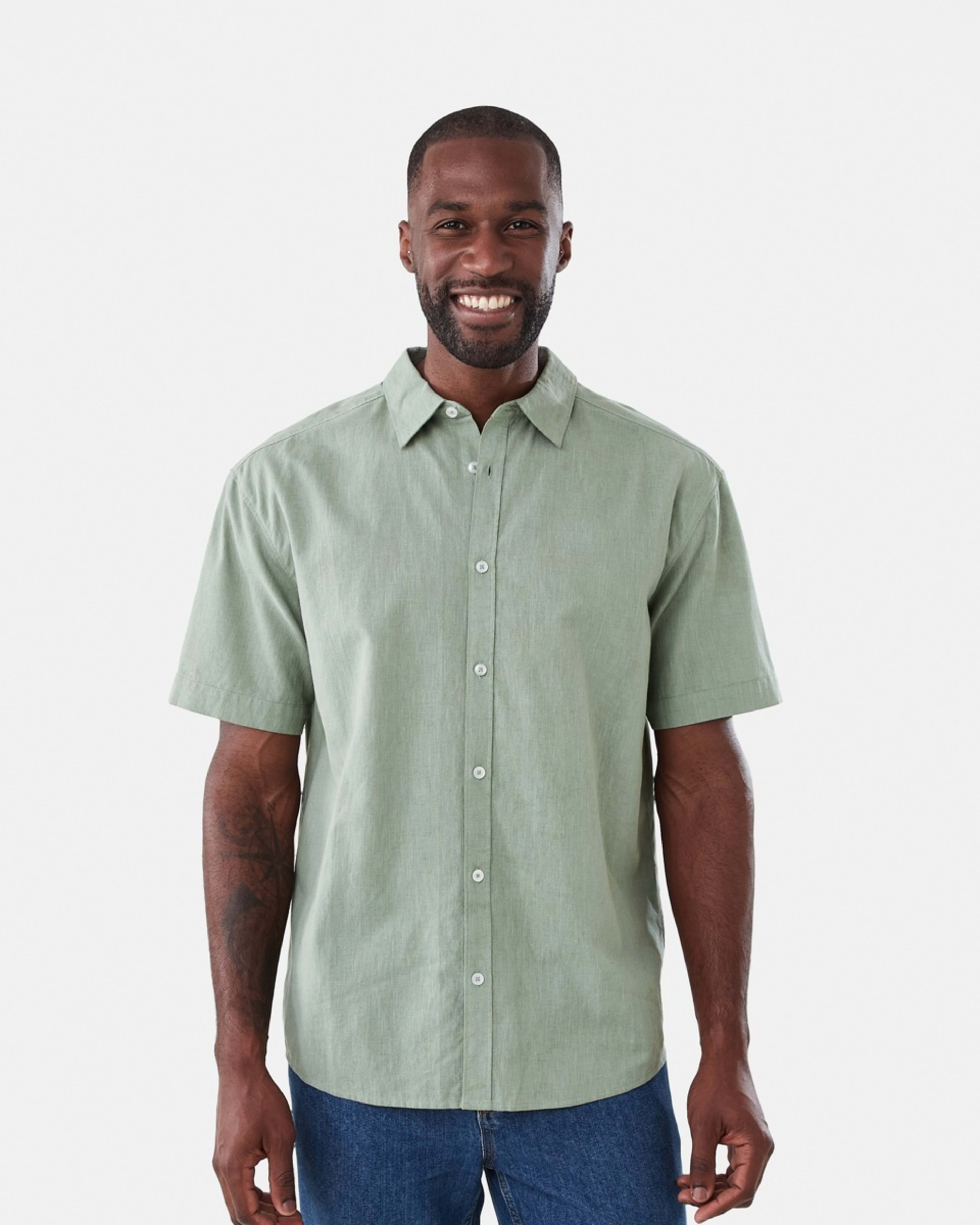 1 Short Sleeve Cotton Linen Shirt LILY PAD, 1 of 5