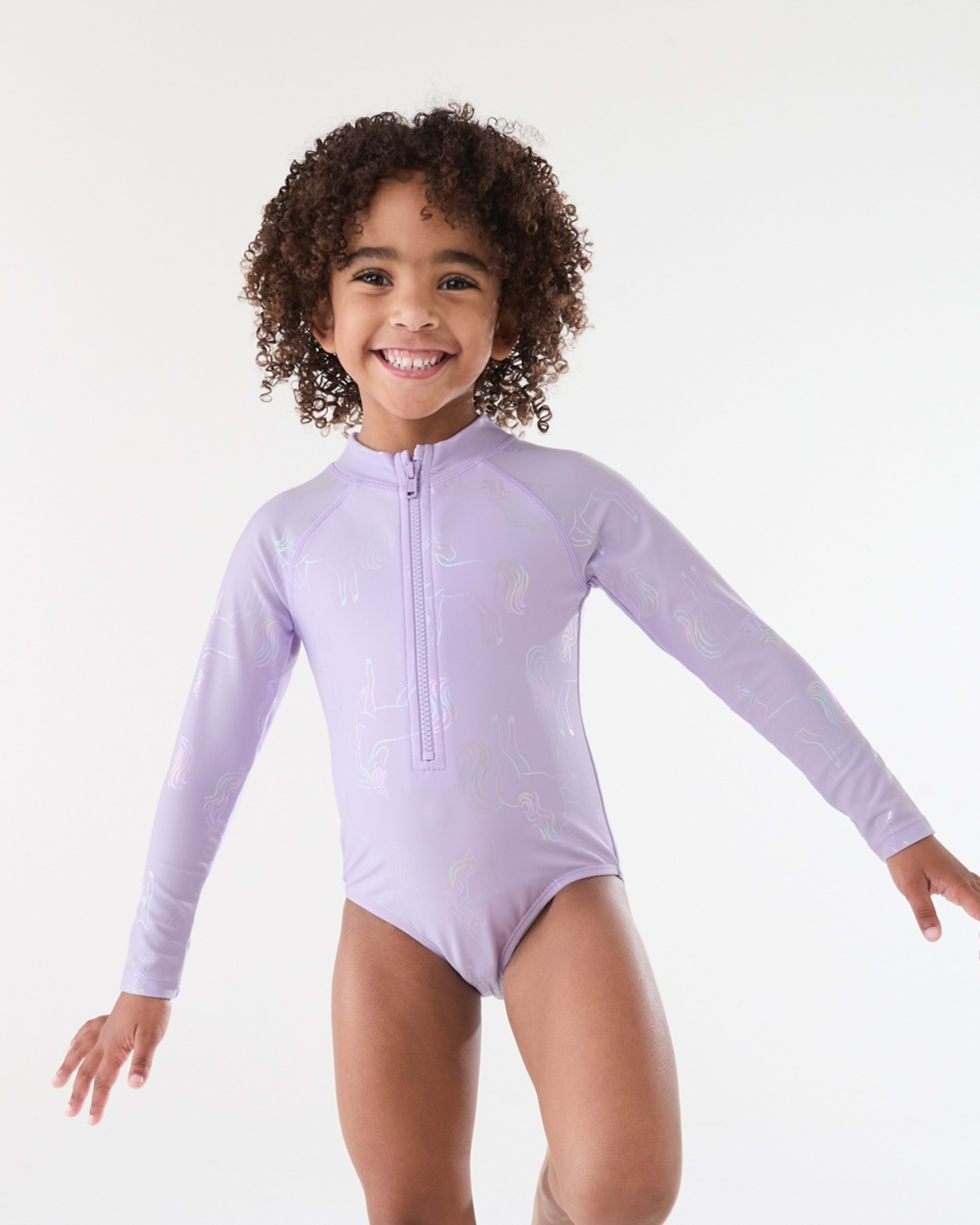 1 Long Sleeve One Piece Swimsuit UNICORN SHIMMER PASTEL LILAC, 1 of 8