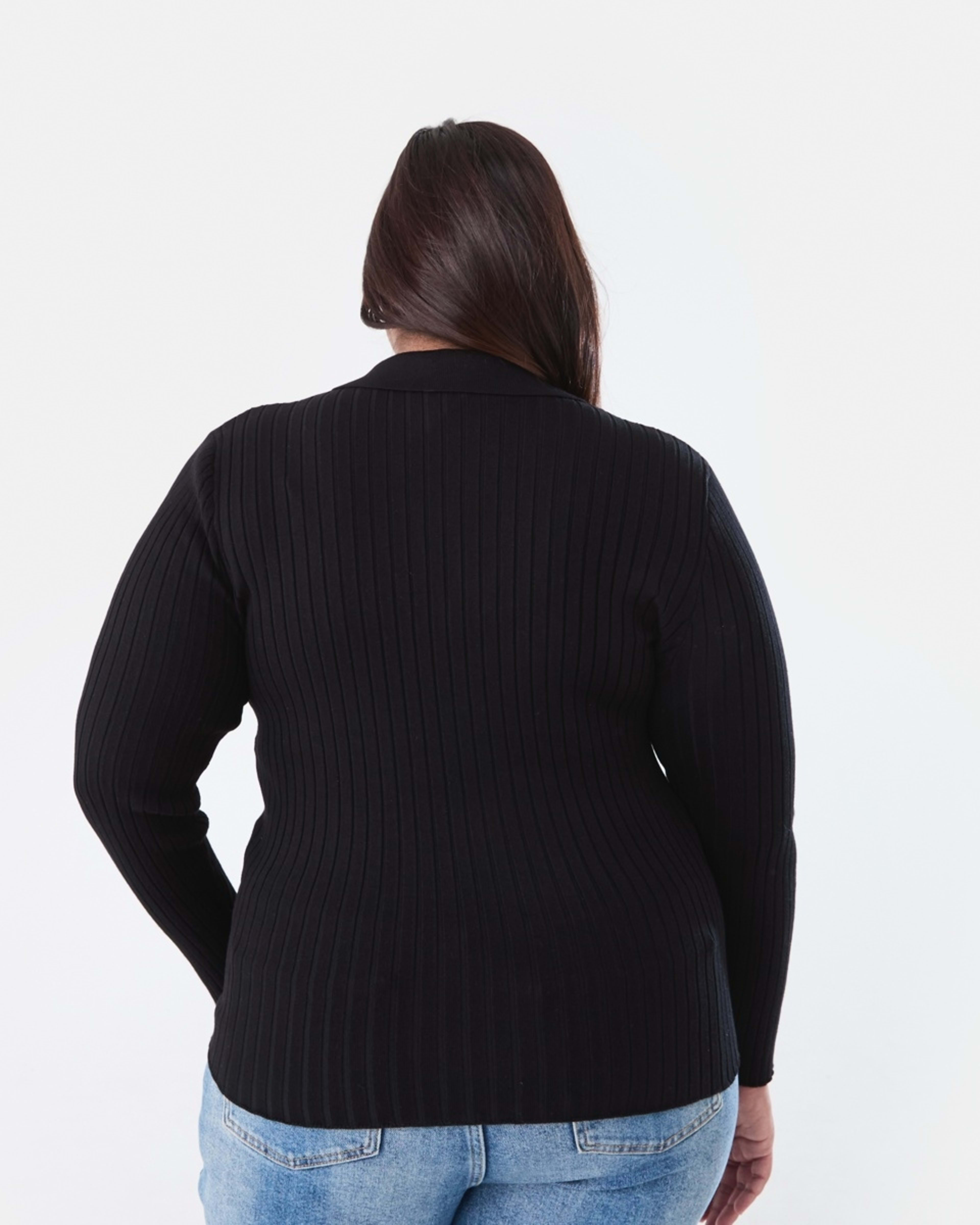 3 Curve Long Sleeve Knit Polo Top Black, 3 of 5
