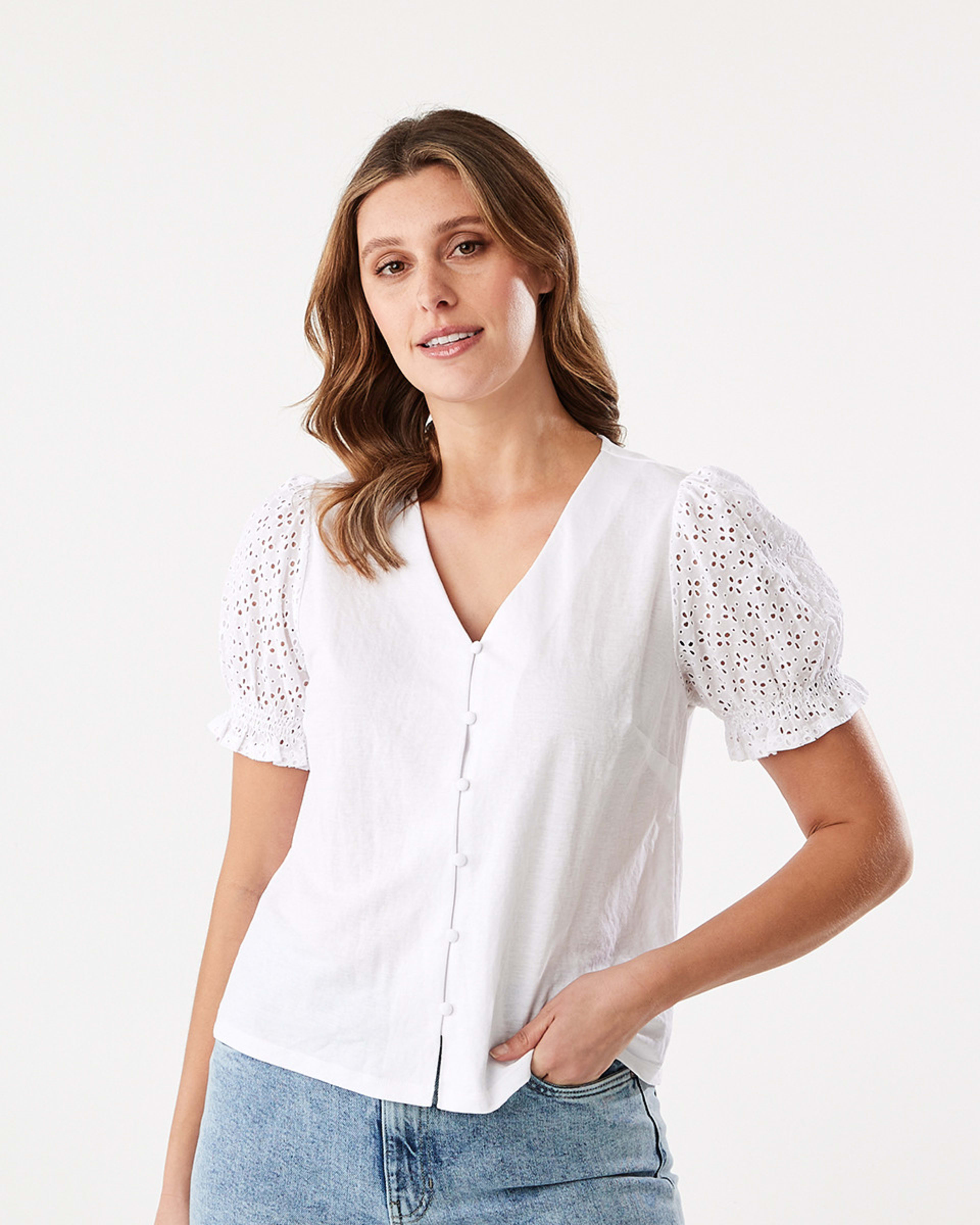 1 Short Sleeve Broderie Button Top White, 1 of 6