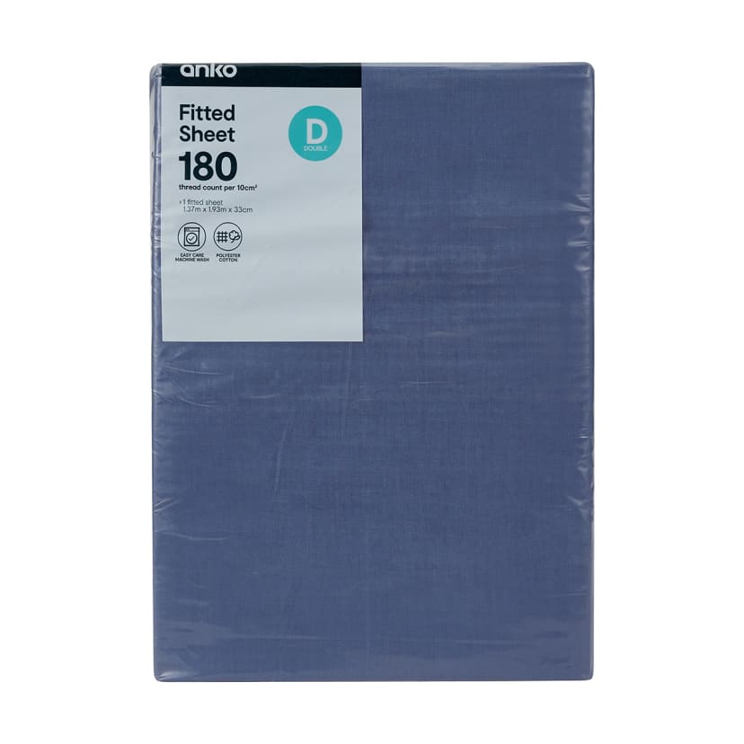 180 Thread Count Fitted Sheet Double Bed, Mid Blue Kmart